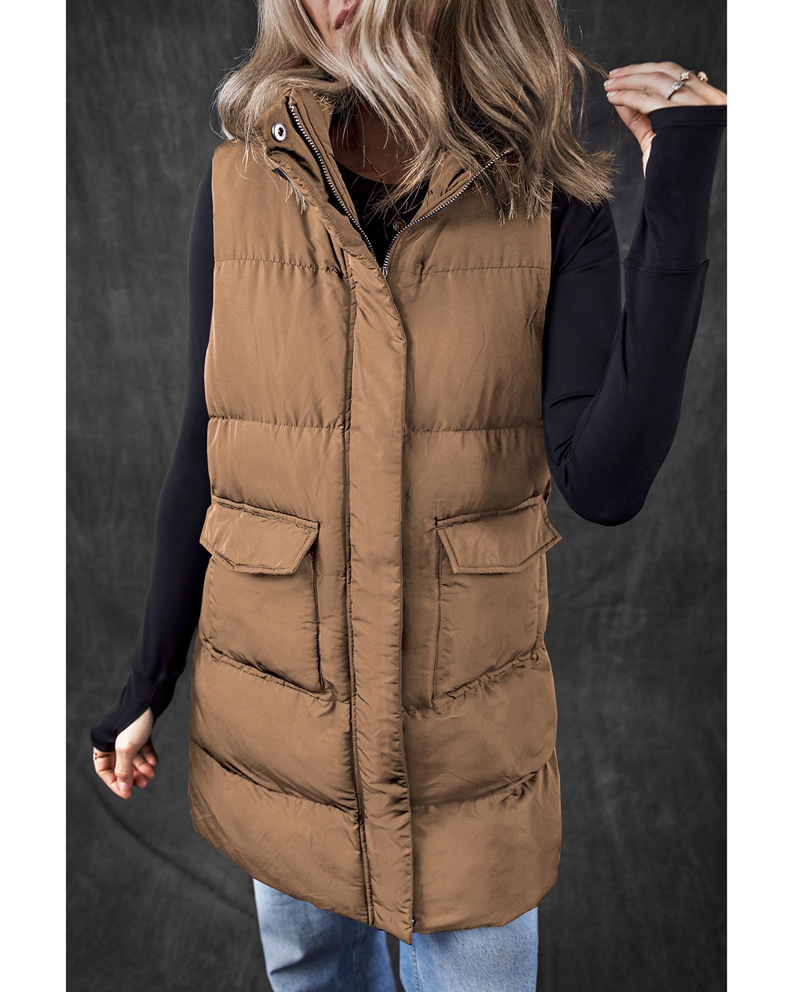 Coffee Windproof Longline Full Zipper Puffer Vest with Pockets - XL