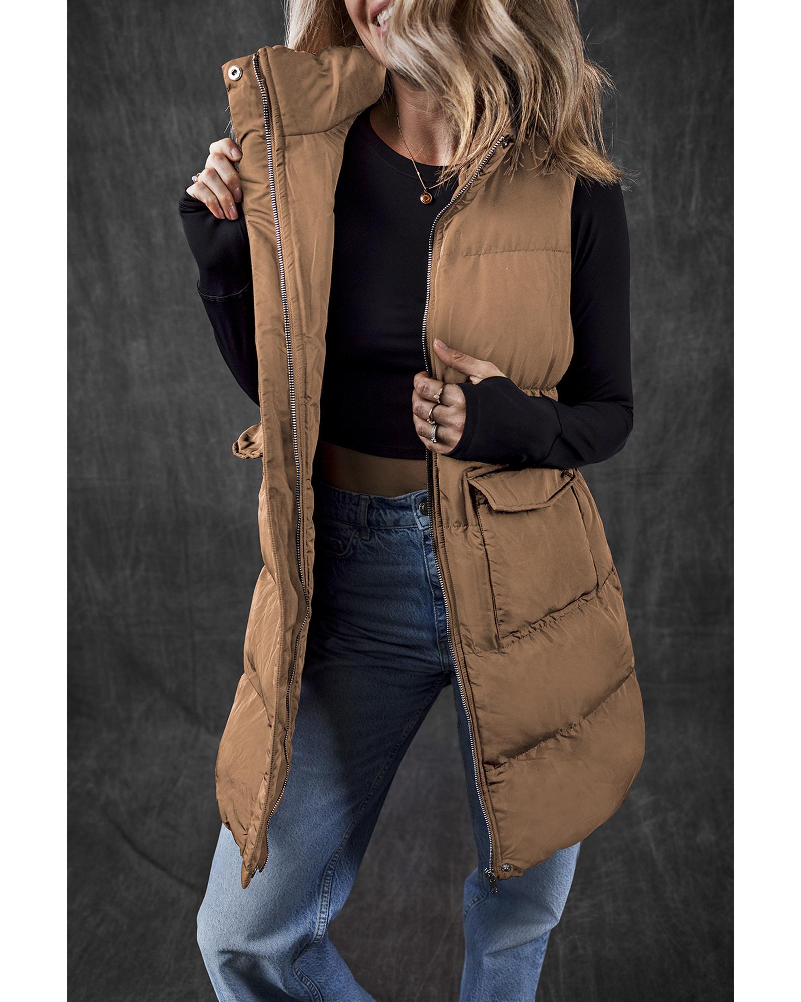 Coffee Windproof Longline Full Zipper Puffer Vest with Pockets - XL
