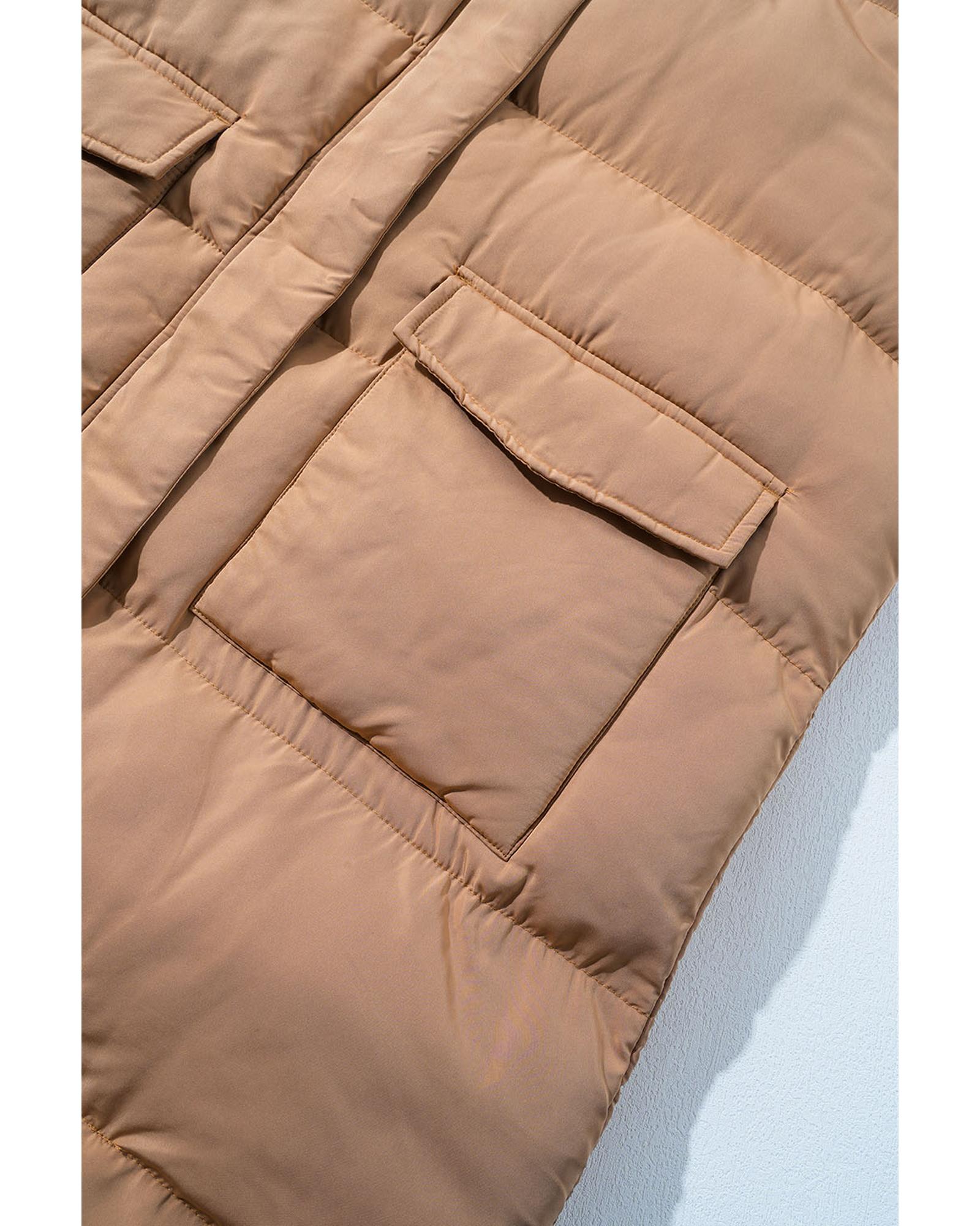 Coffee Windproof Longline Full Zipper Puffer Vest with Pockets - XL