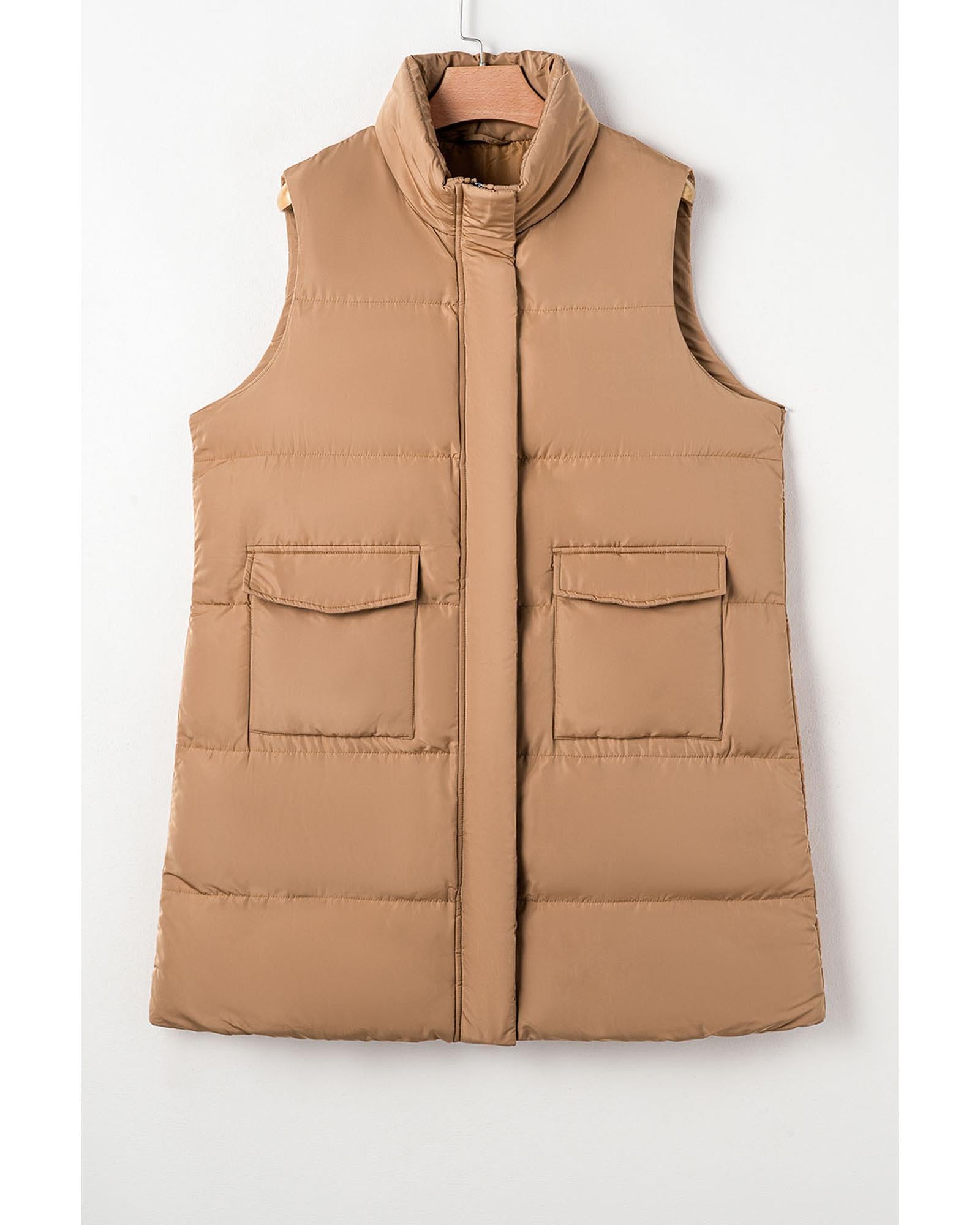Coffee Windproof Longline Full Zipper Puffer Vest with Pockets - XL