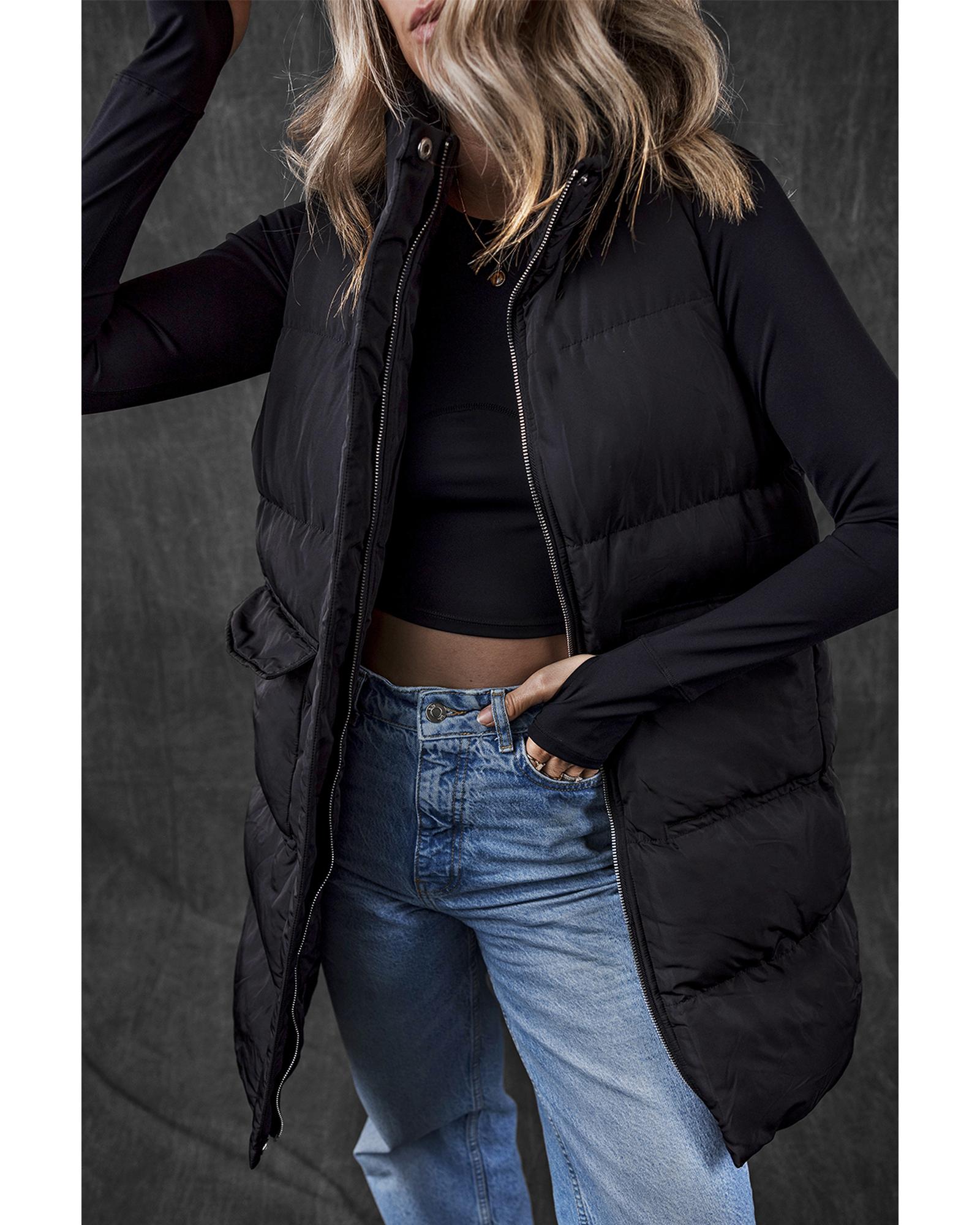 Black Windproof Longline Full Zipper Puffer Vest with Pockets - M