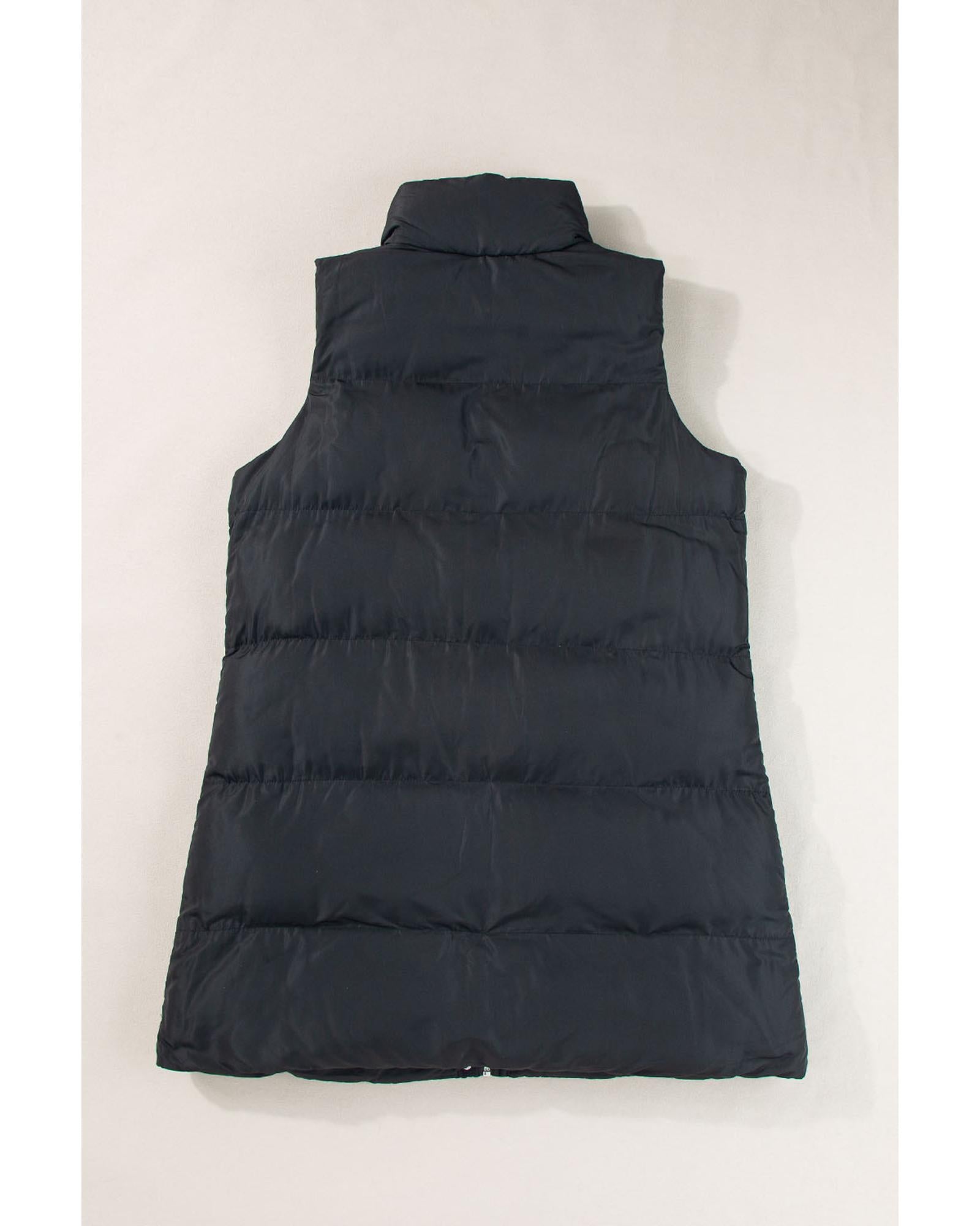 Black Windproof Longline Full Zipper Puffer Vest with Pockets - S