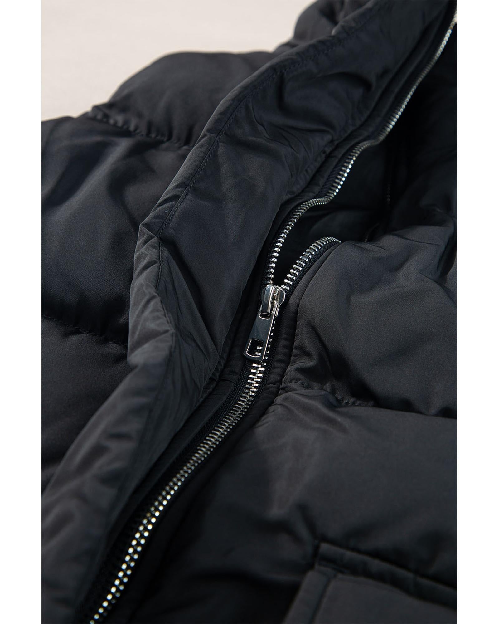Black Windproof Longline Full Zipper Puffer Vest with Pockets - S