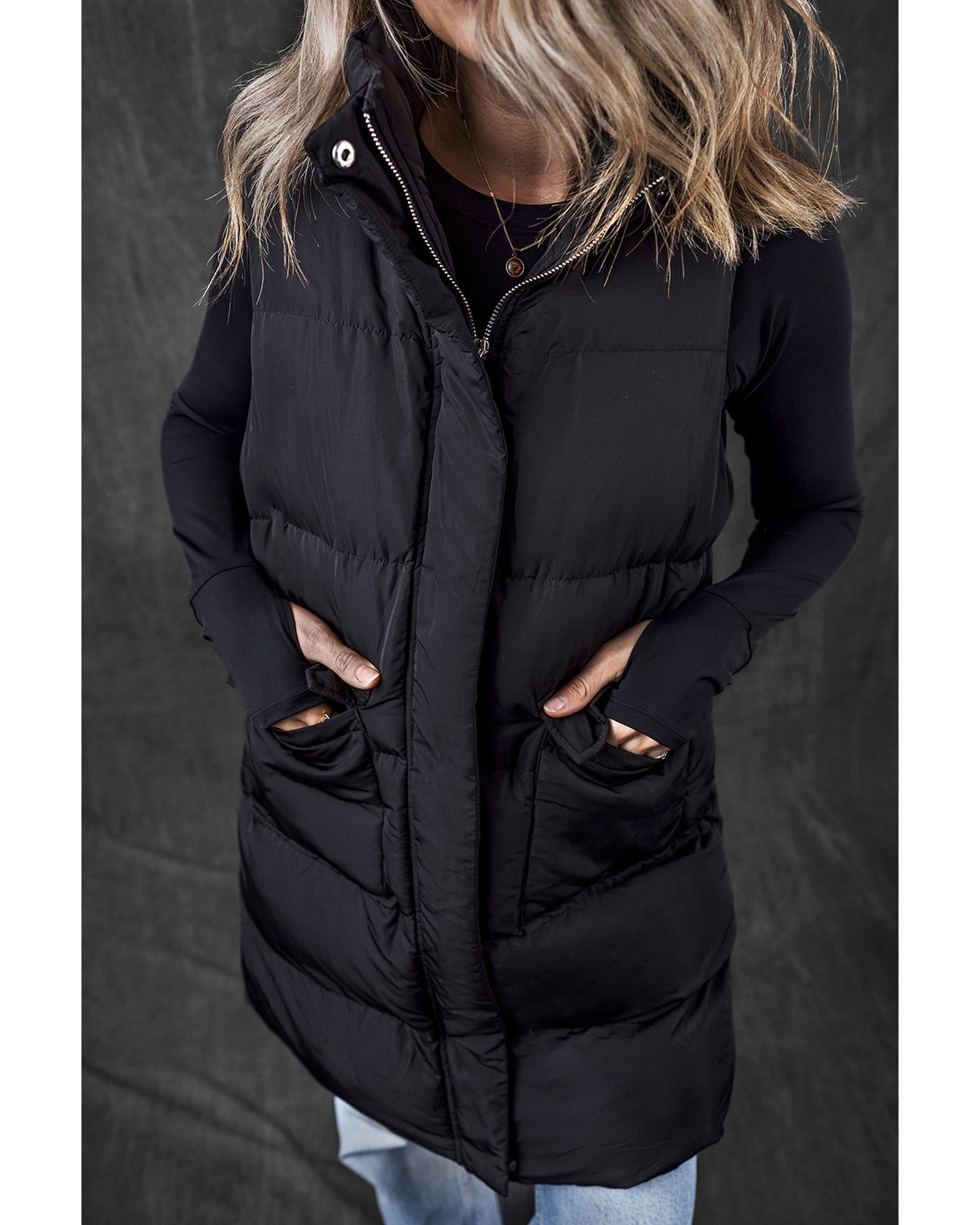 Black Windproof Longline Full Zipper Puffer Vest with Pockets - S