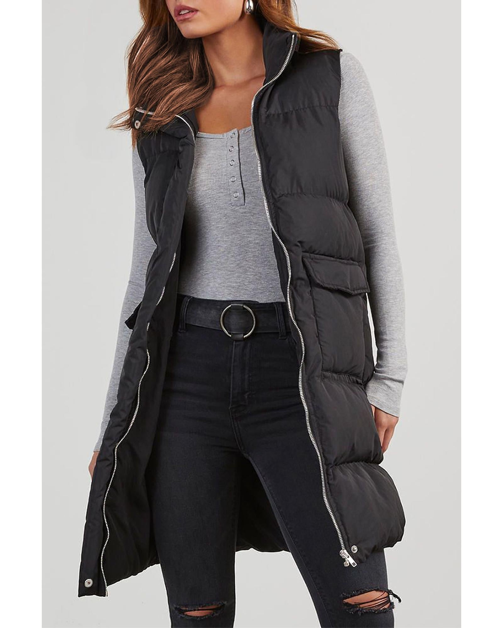 Black Windproof Longline Full Zipper Puffer Vest with Pockets - S