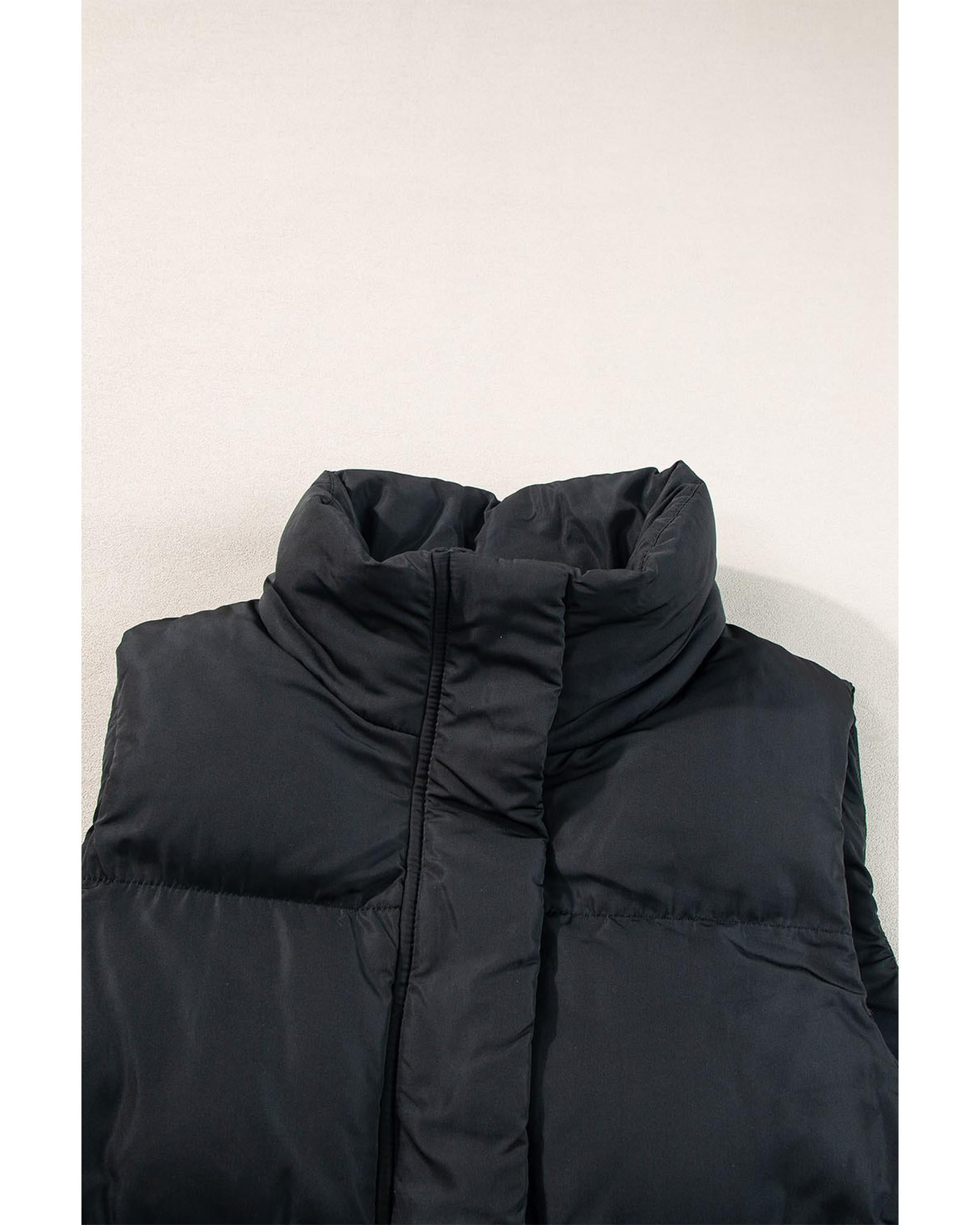 Black Windproof Longline Full Zipper Puffer Vest with Pockets - S