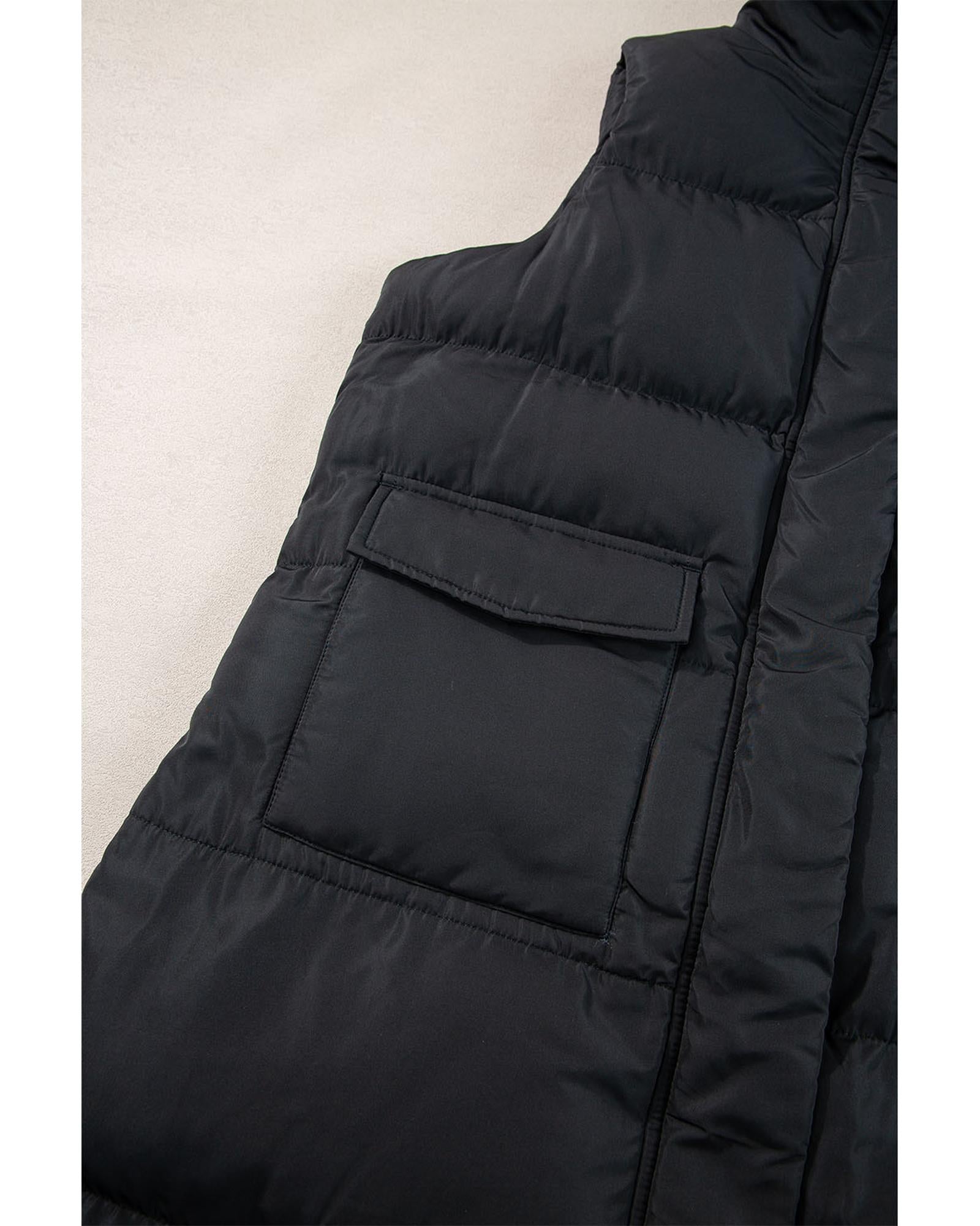 Black Windproof Longline Full Zipper Puffer Vest with Pockets - S