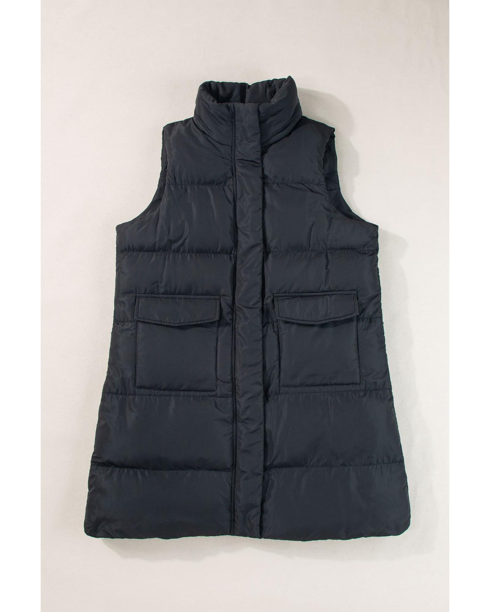 Black Windproof Longline Full Zipper Puffer Vest with Pockets - S