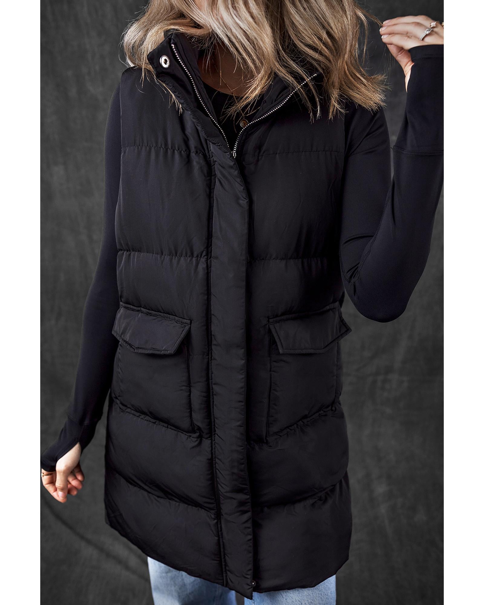 Black Windproof Longline Full Zipper Puffer Vest with Pockets - XL