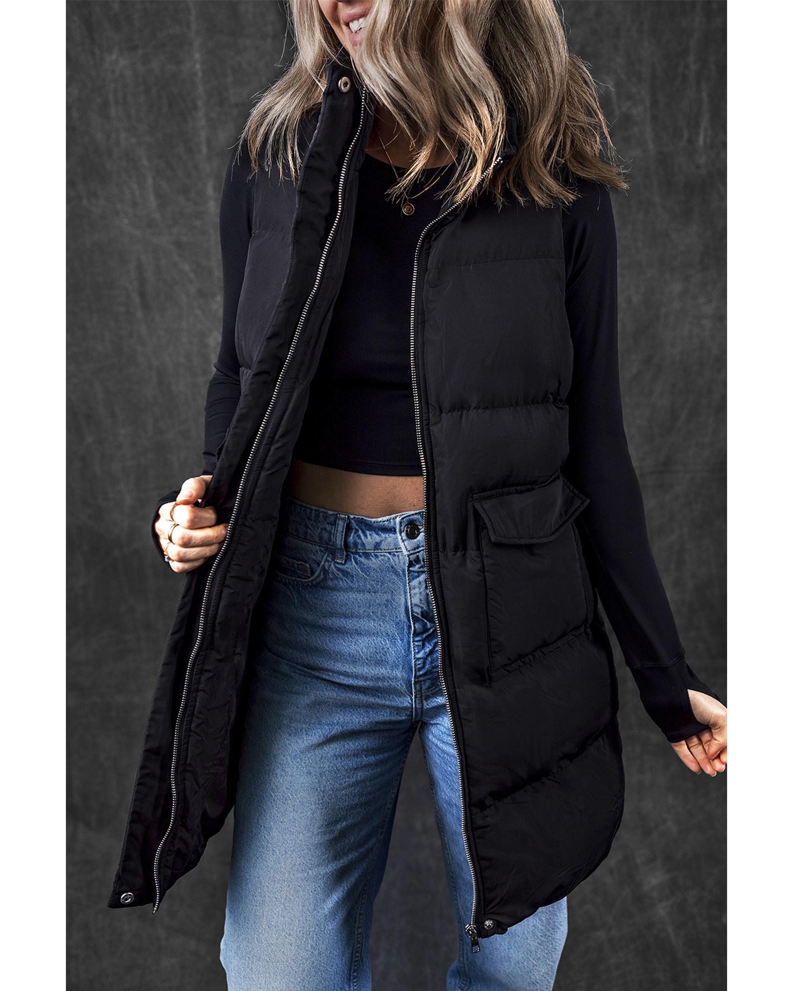 Black Windproof Longline Full Zipper Puffer Vest with Pockets - XL