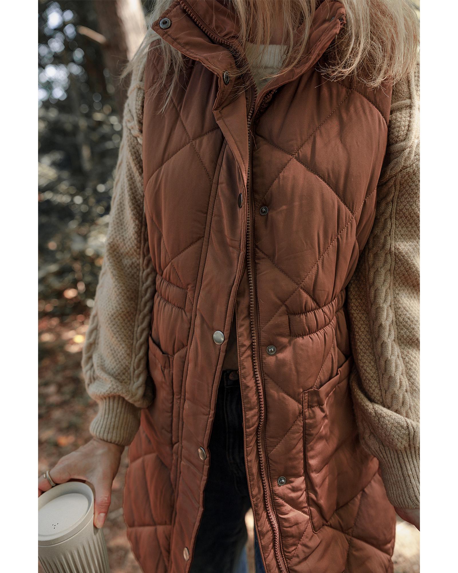 Coffee Longline Quilted Stand Collar Puffer Vest - M