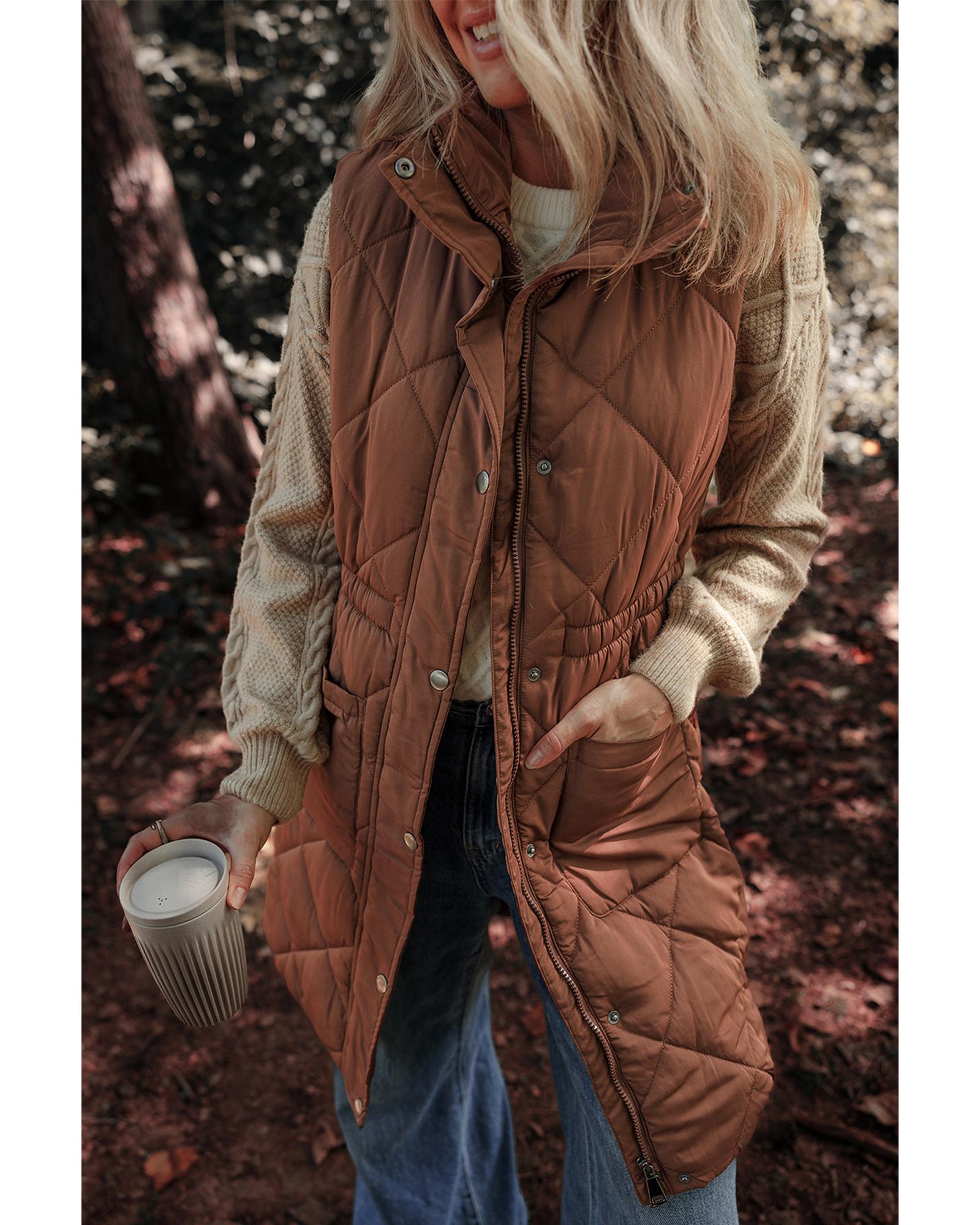 Coffee Longline Quilted Stand Collar Puffer Vest - S