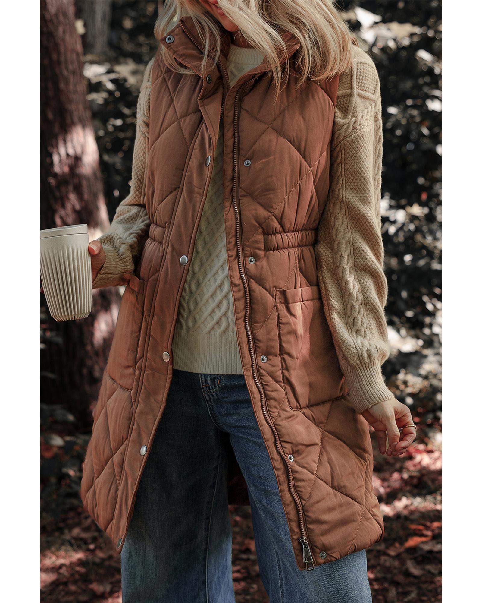 Coffee Longline Quilted Stand Collar Puffer Vest - S