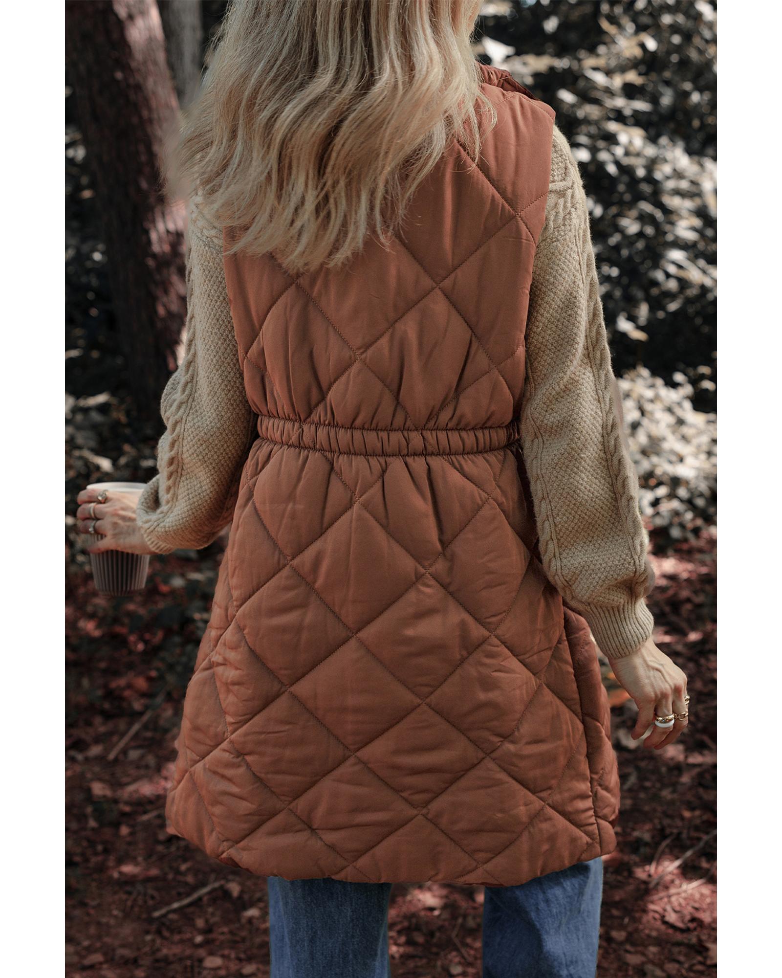 Coffee Longline Quilted Stand Collar Puffer Vest - S