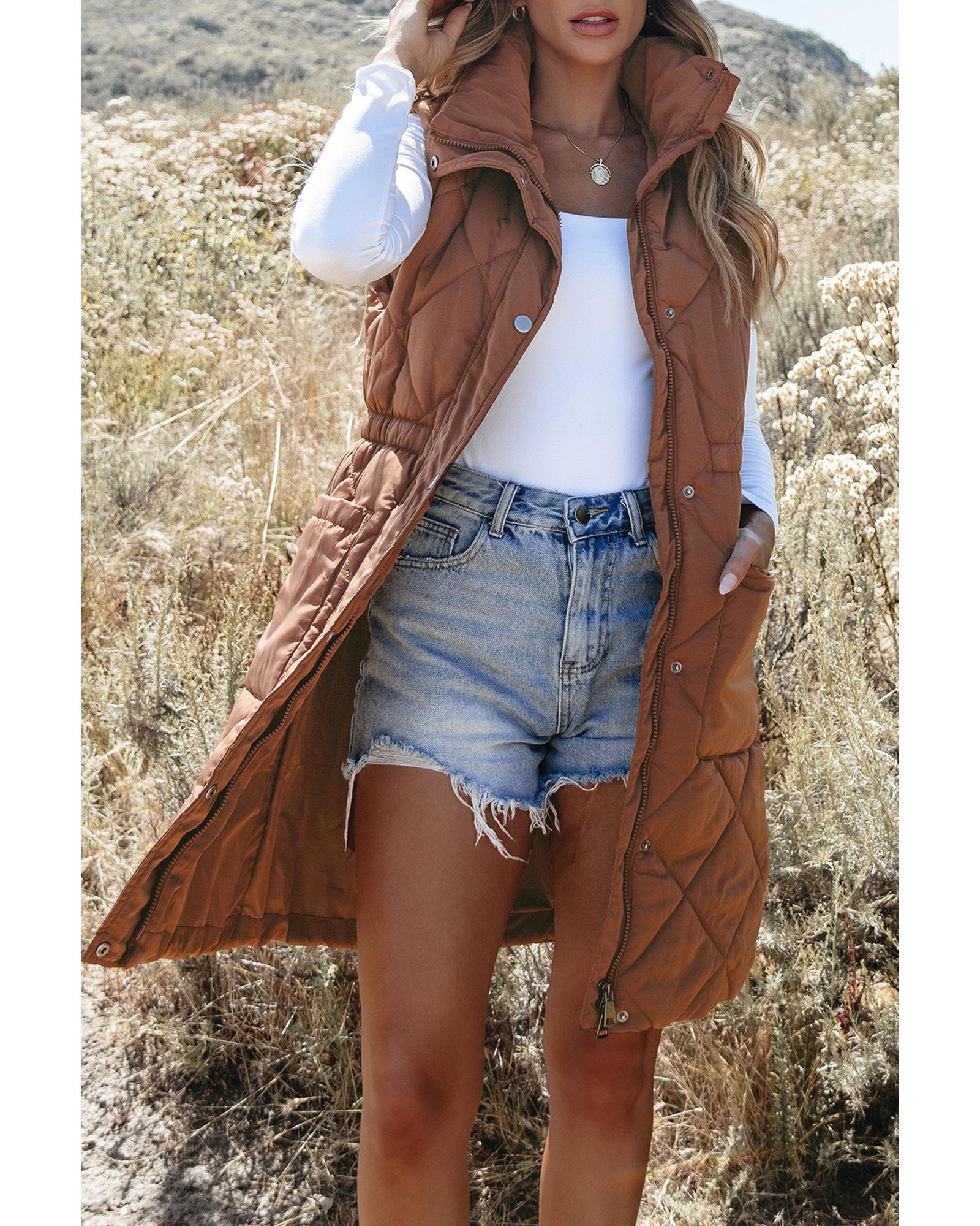 Coffee Longline Quilted Stand Collar Puffer Vest - XL