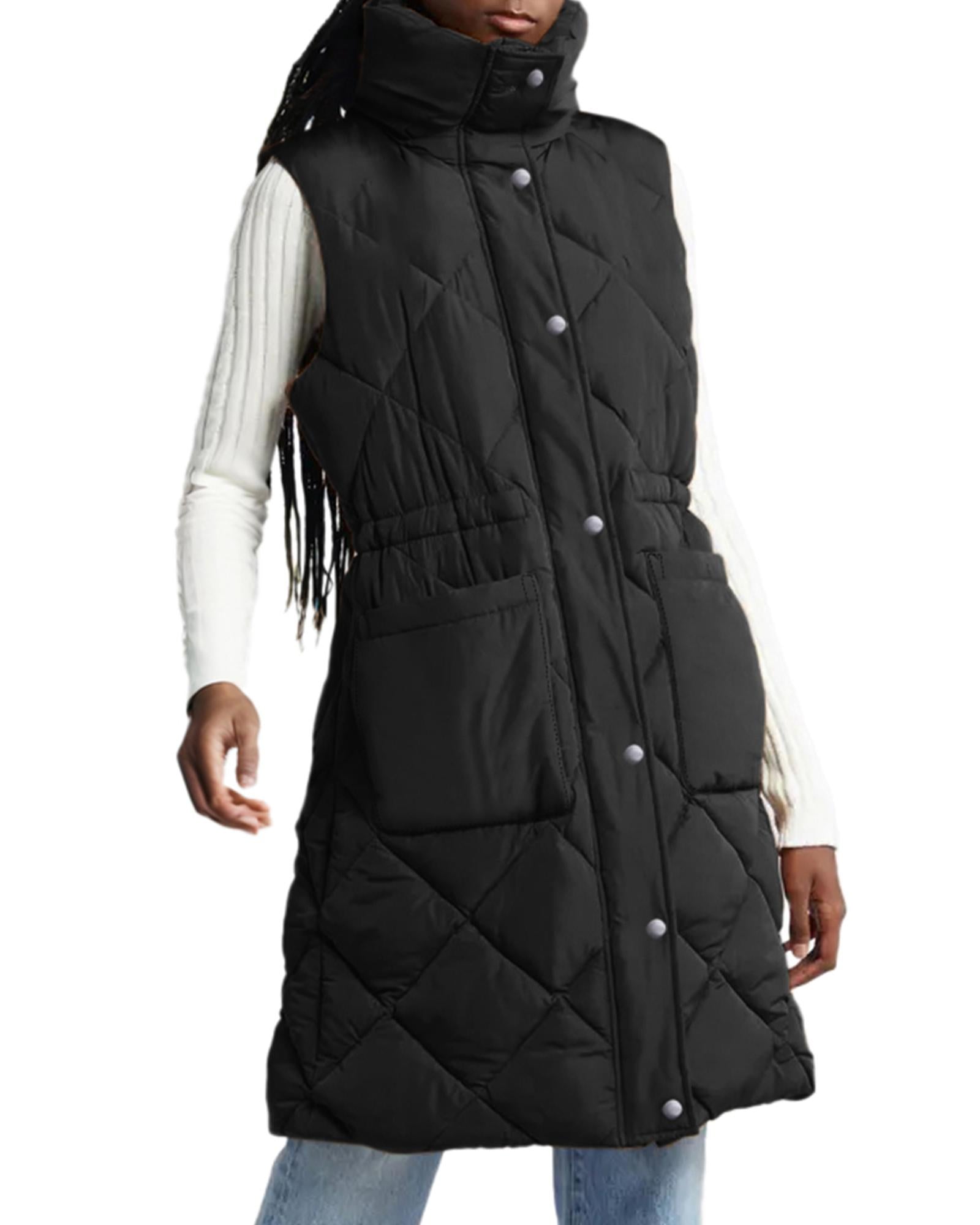 Black Longline Quilted Stand Collar Puffer Vest - L