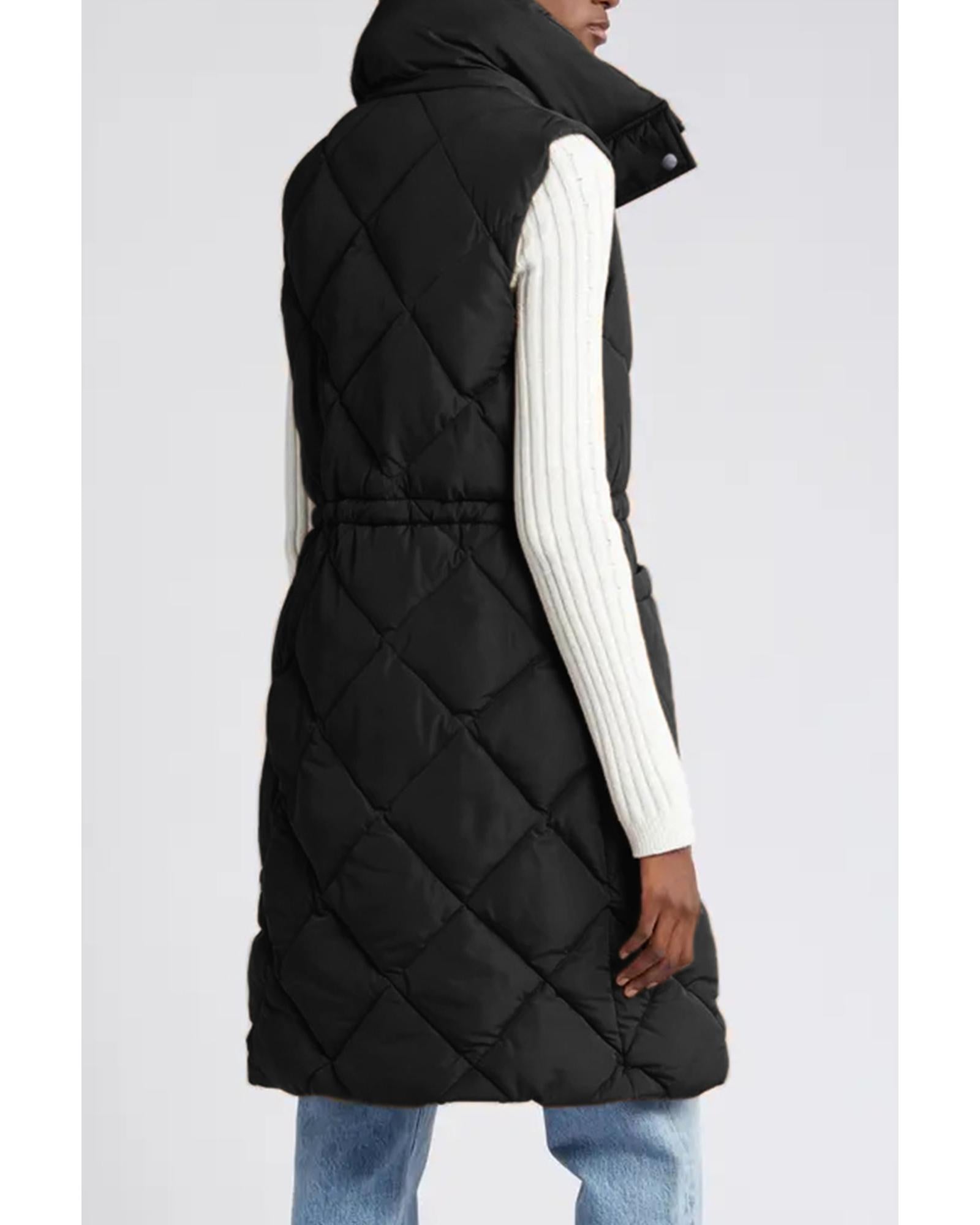 Black Longline Quilted Stand Collar Puffer Vest - XL
