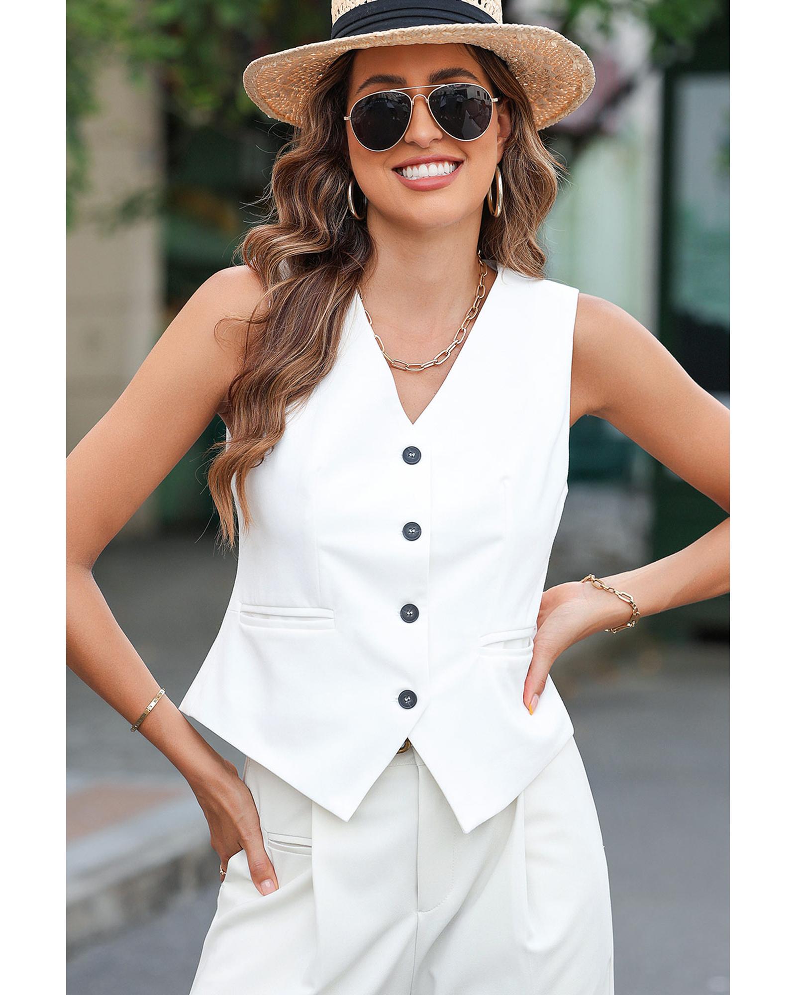 White Solid Color Button up V Neck Suit Vest - S
