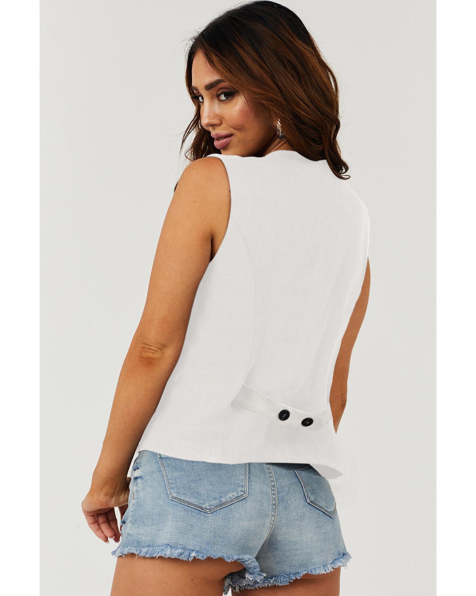 White Solid Color Button up V Neck Suit Vest - S