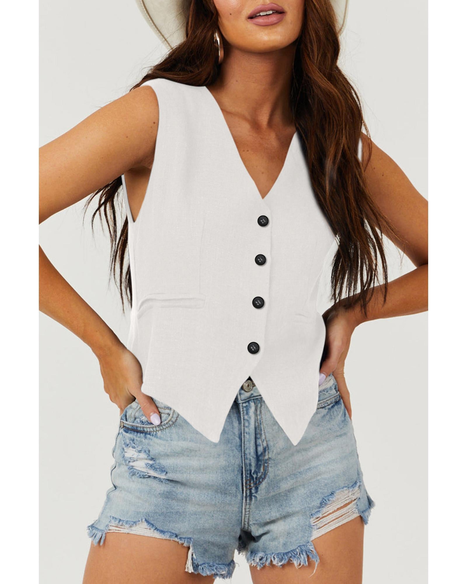 White Solid Color Button up V Neck Suit Vest - S