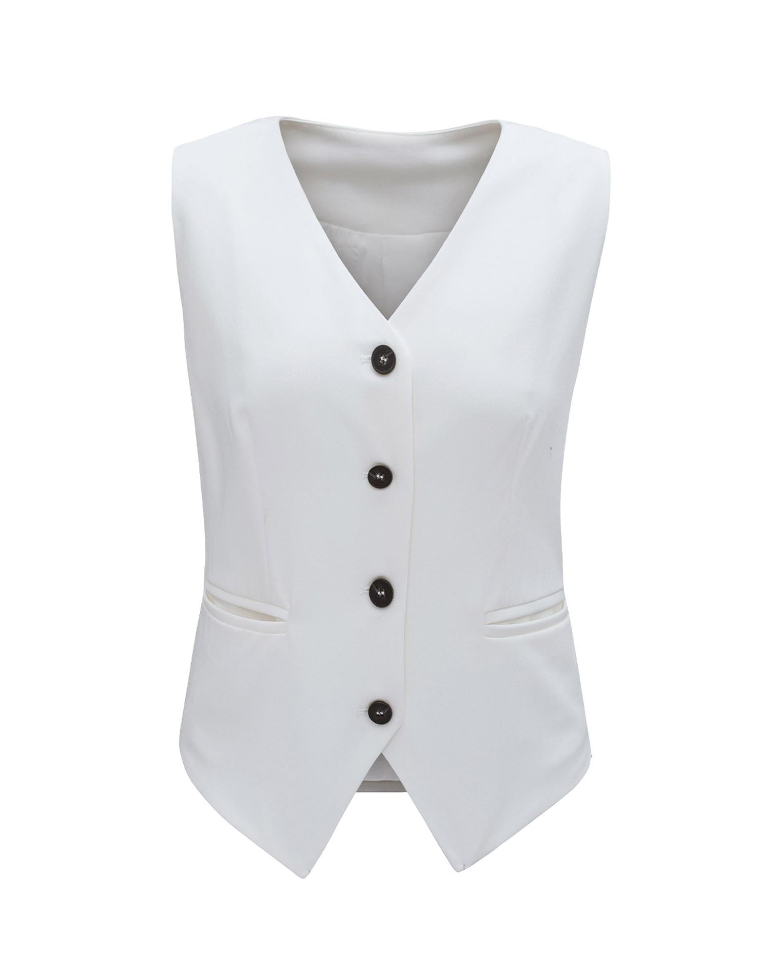 White Solid Color Button up V Neck Suit Vest - XL