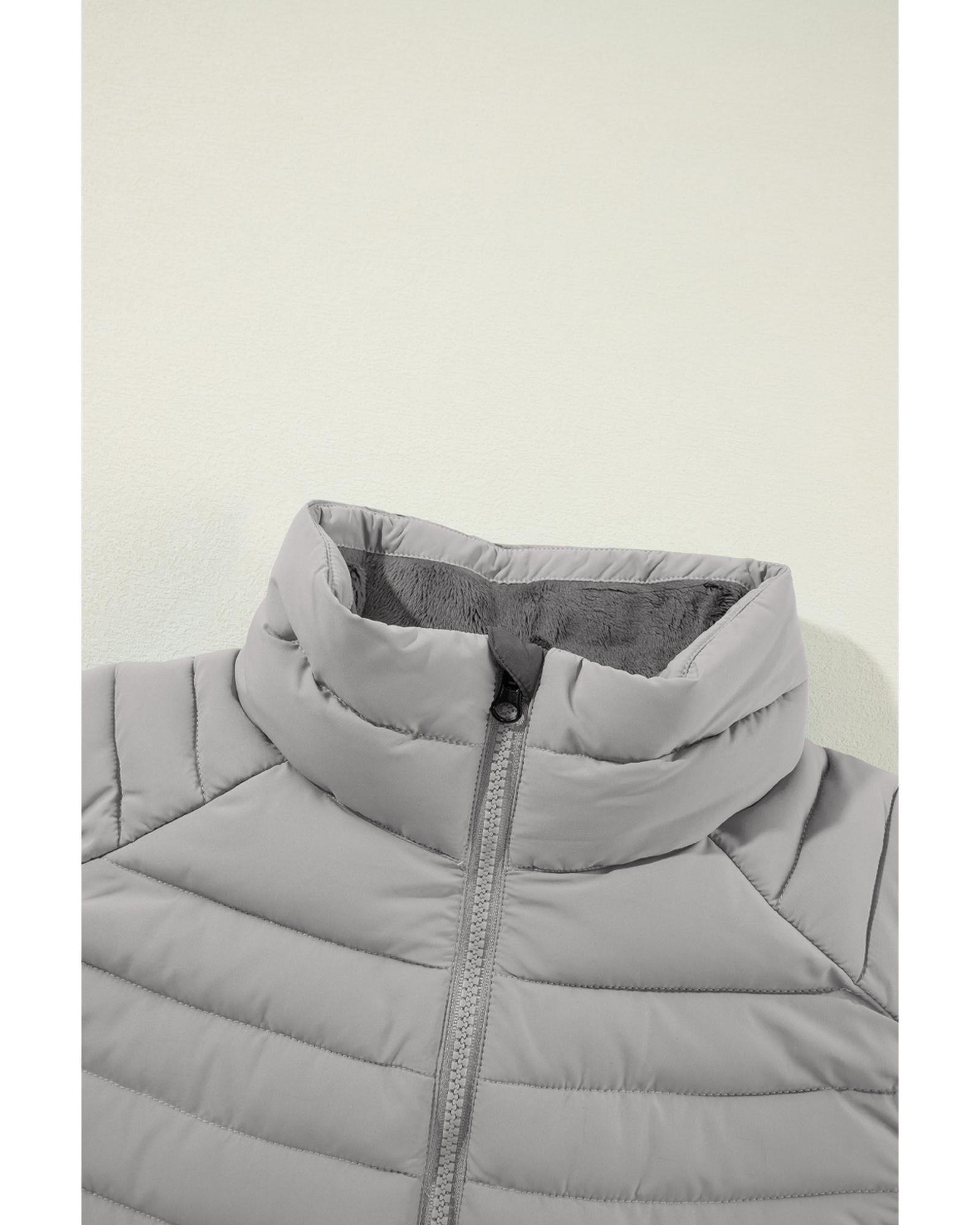 Silvery Plush Collared Quilted Zipped Puffer Vest - L