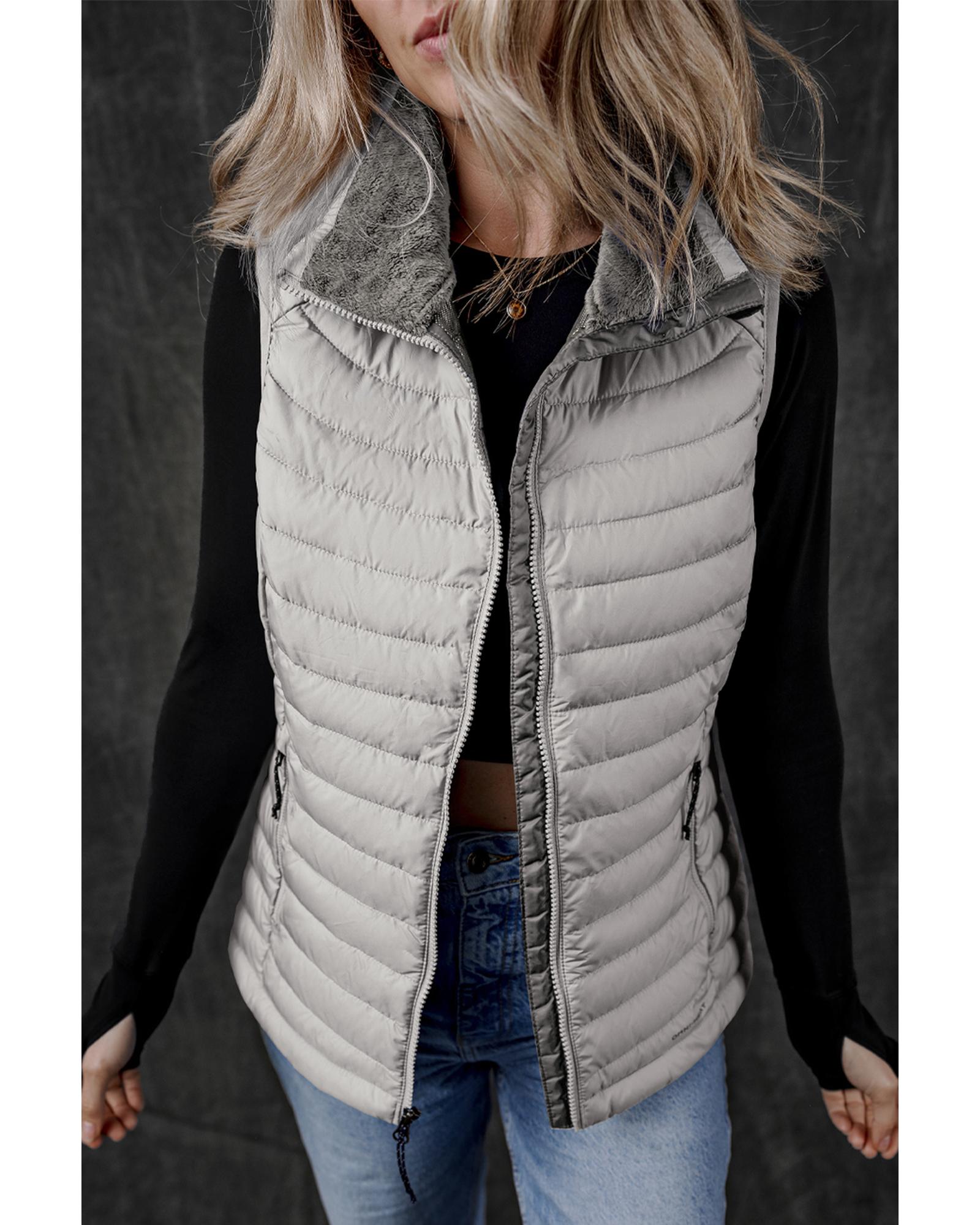Silvery Plush Collared Quilted Zipped Puffer Vest - S