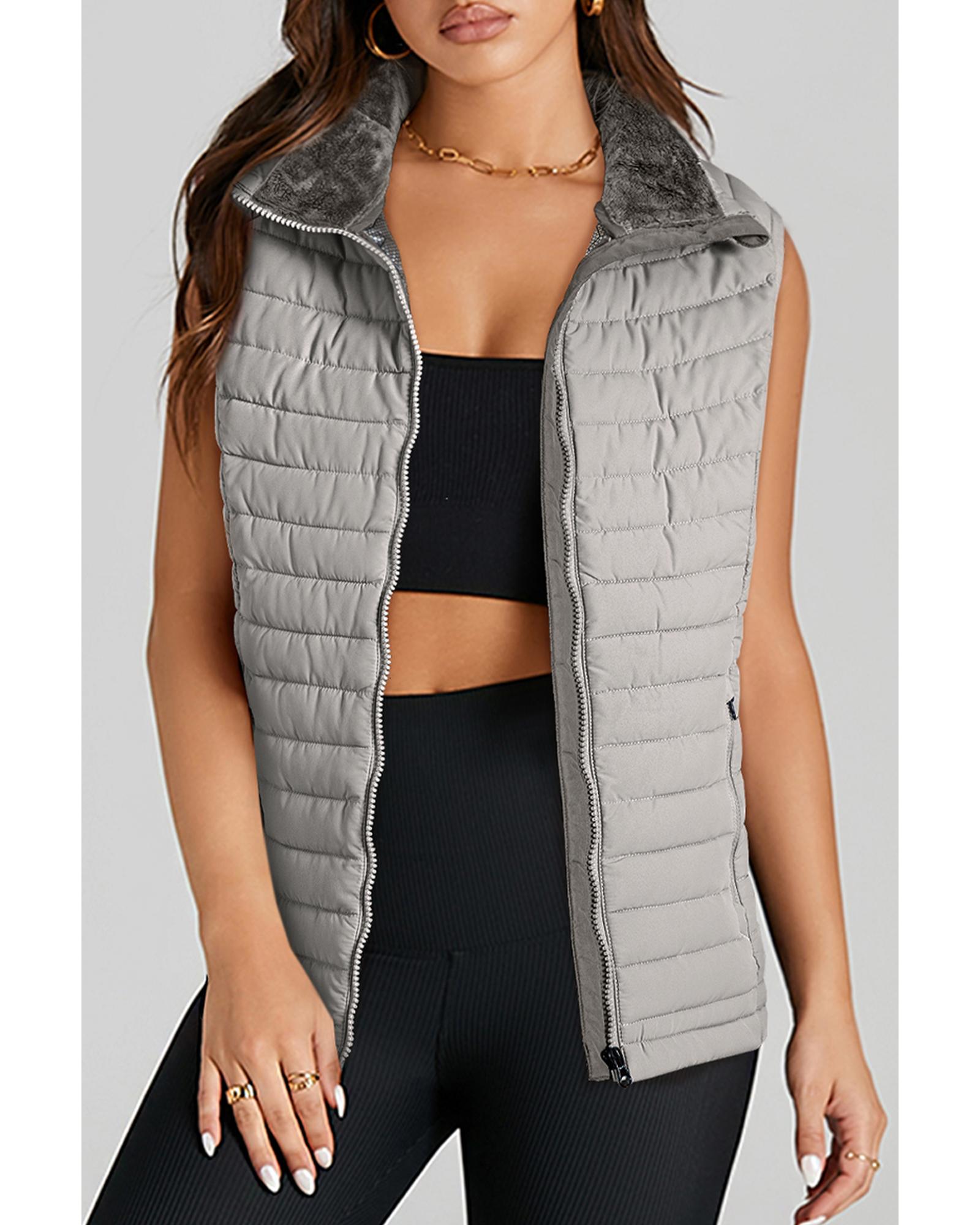 Silvery Plush Collared Quilted Zipped Puffer Vest - S