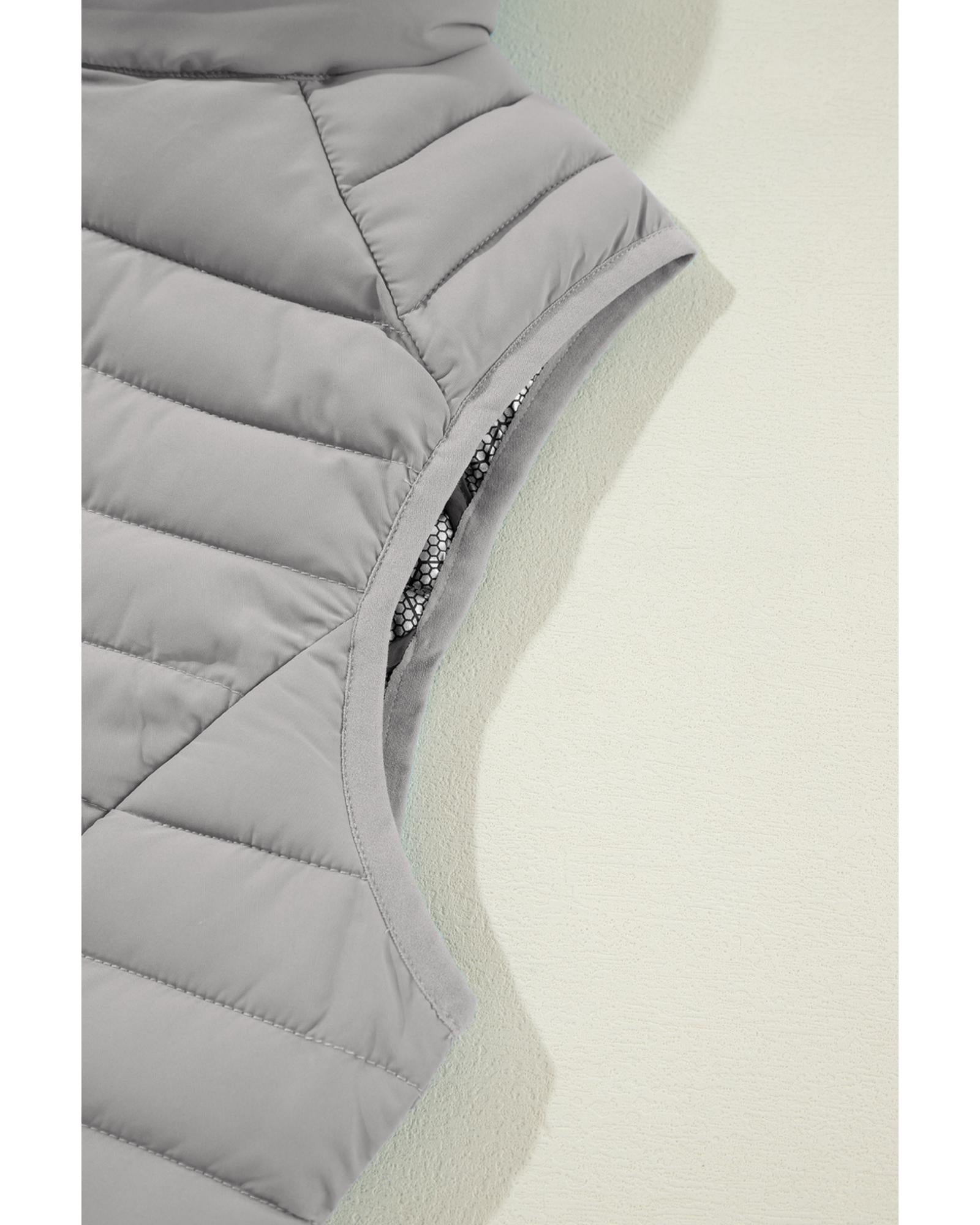 Silvery Plush Collared Quilted Zipped Puffer Vest - S