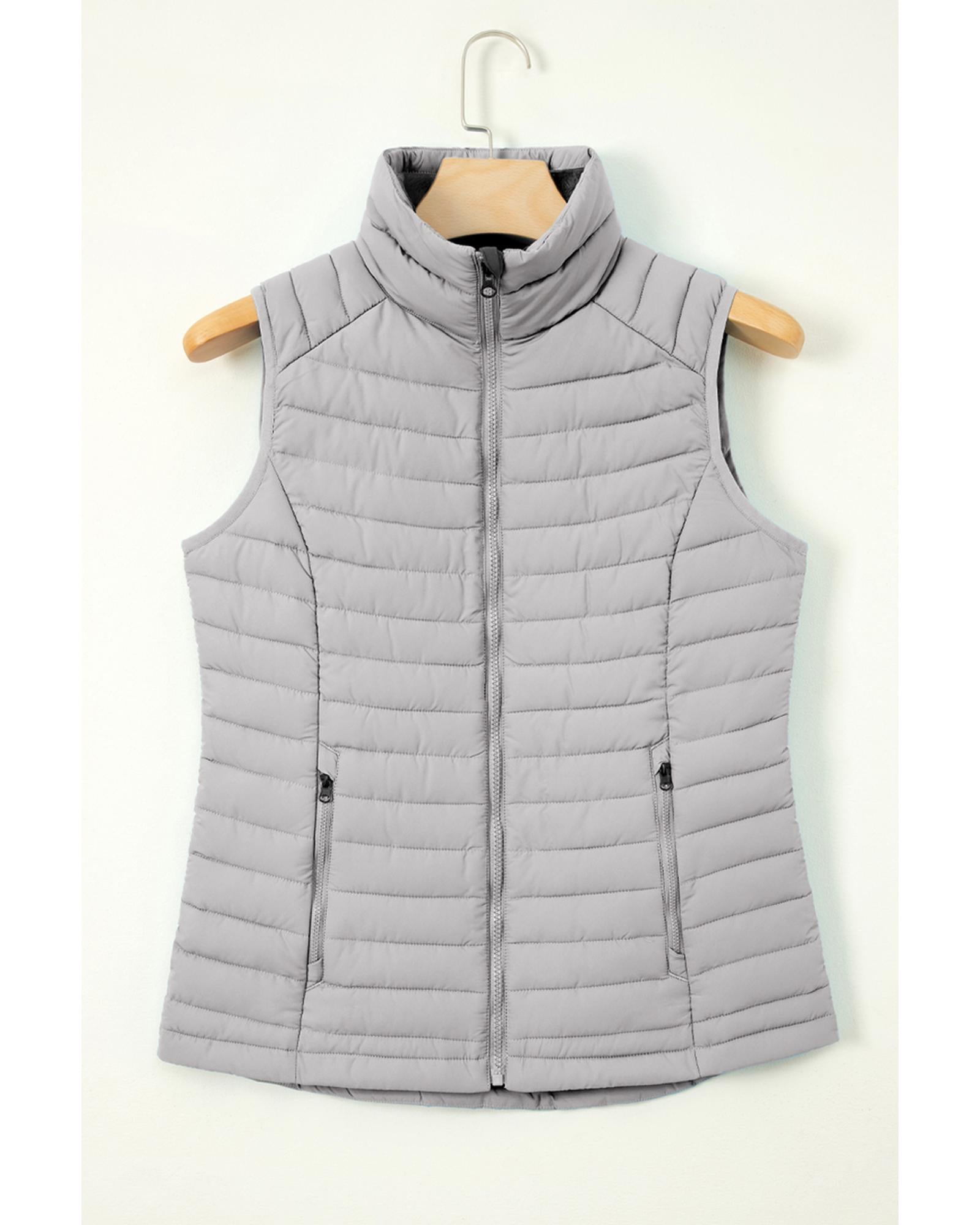 Silvery Plush Collared Quilted Zipped Puffer Vest - XL