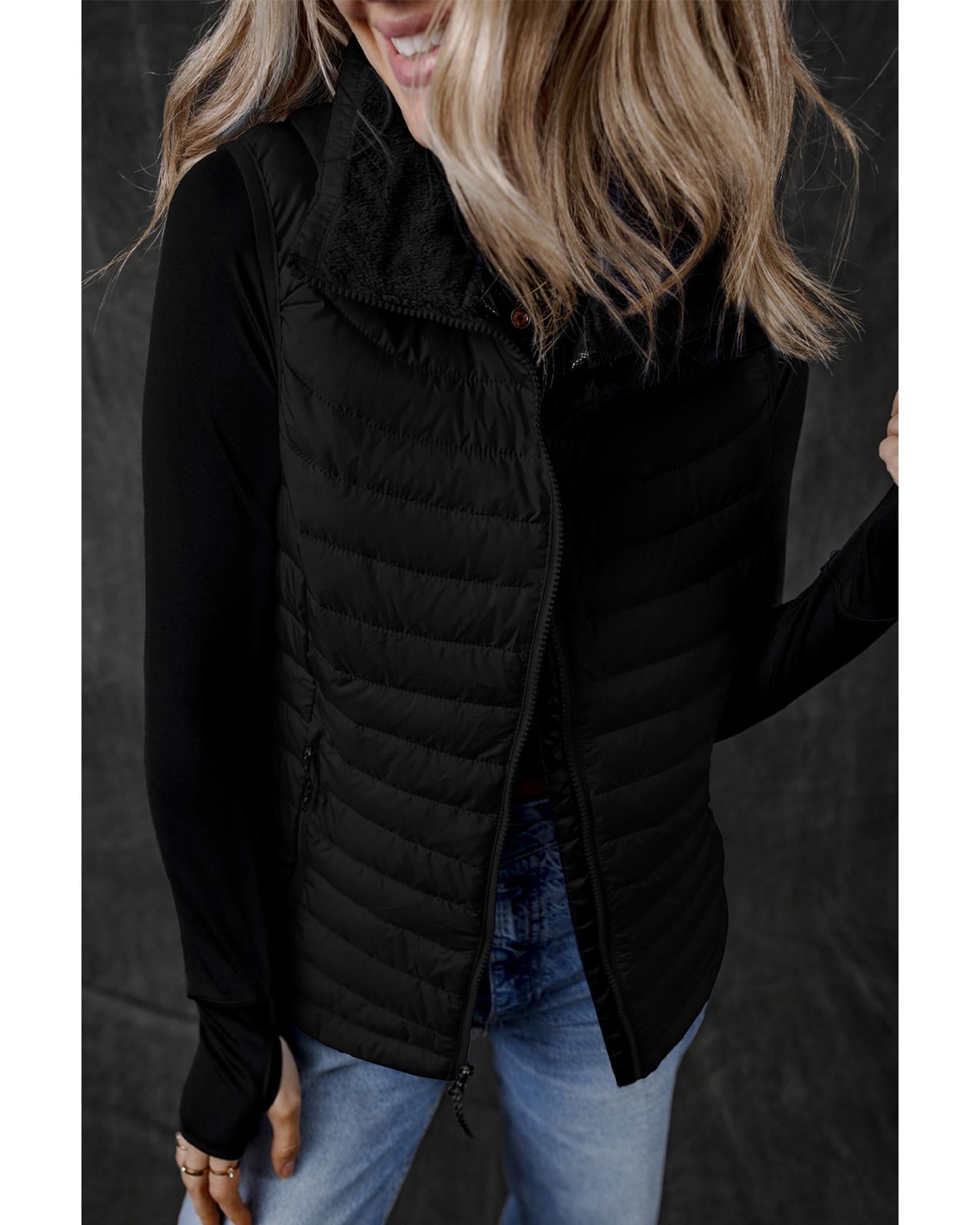 Black Plush Collared Quilted Zipped Puffer Vest - M