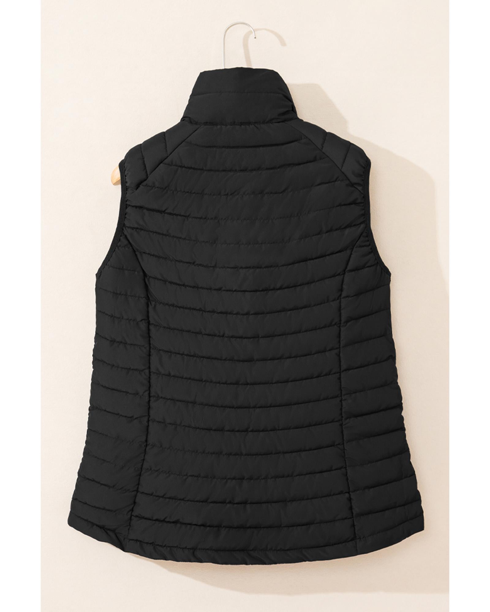 Black Plush Collared Quilted Zipped Puffer Vest - M