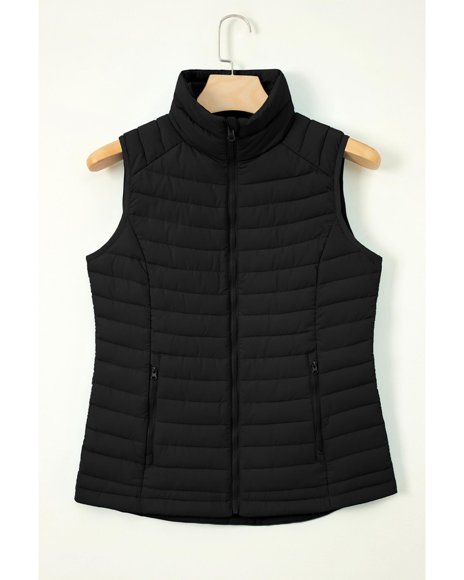 Black Plush Collared Quilted Zipped Puffer Vest - S