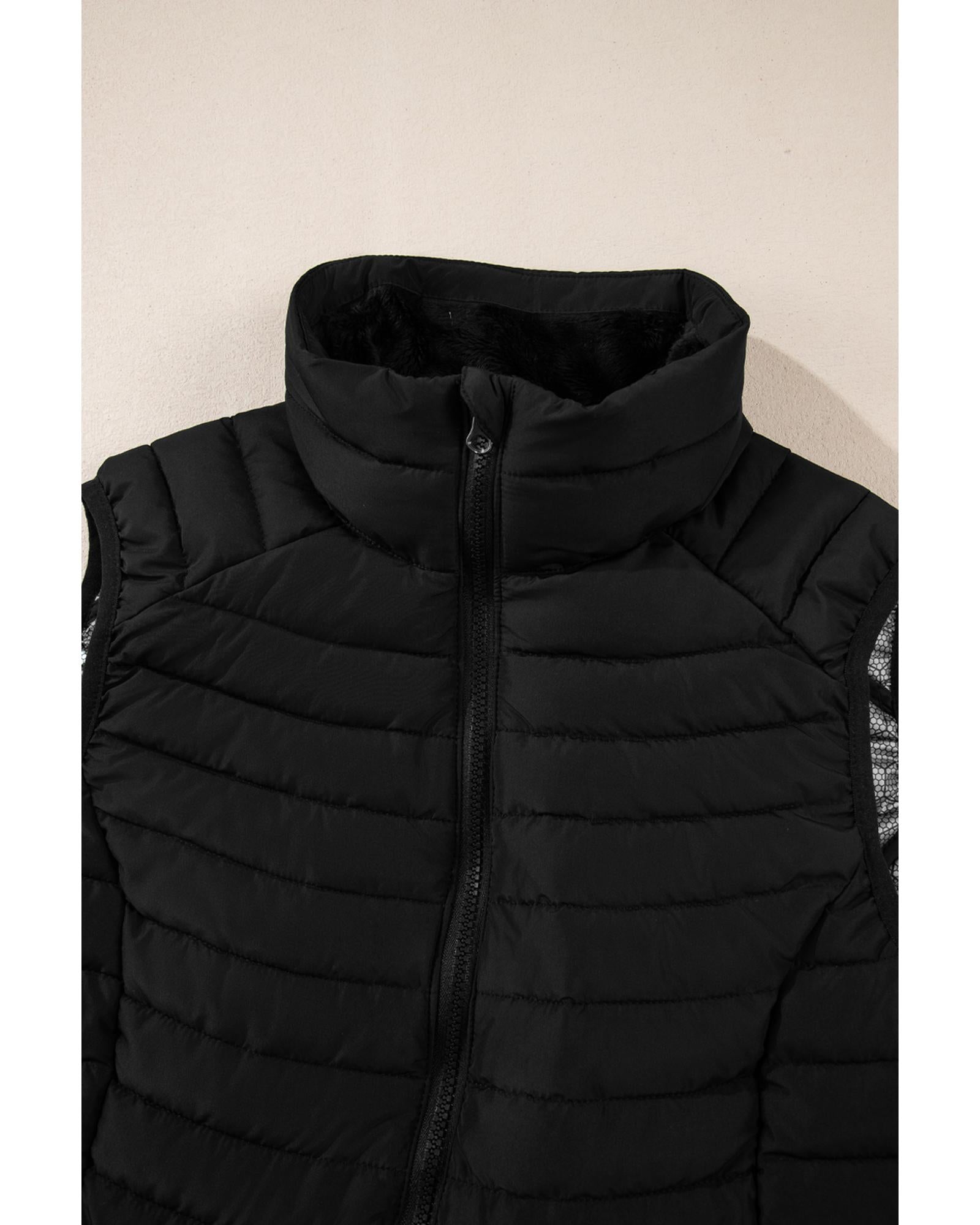 Black Plush Collared Quilted Zipped Puffer Vest - S