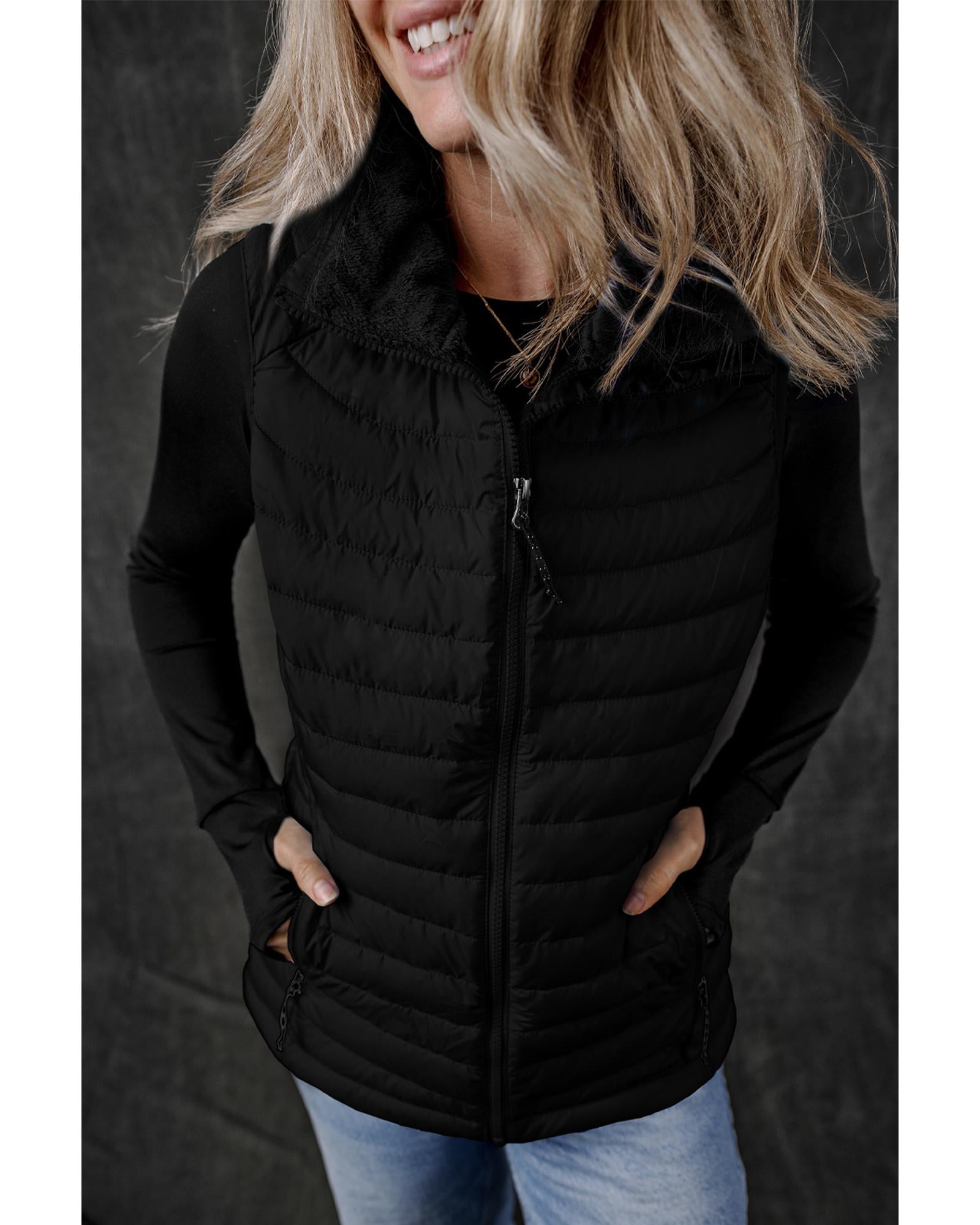 Black Plush Collared Quilted Zipped Puffer Vest - XL