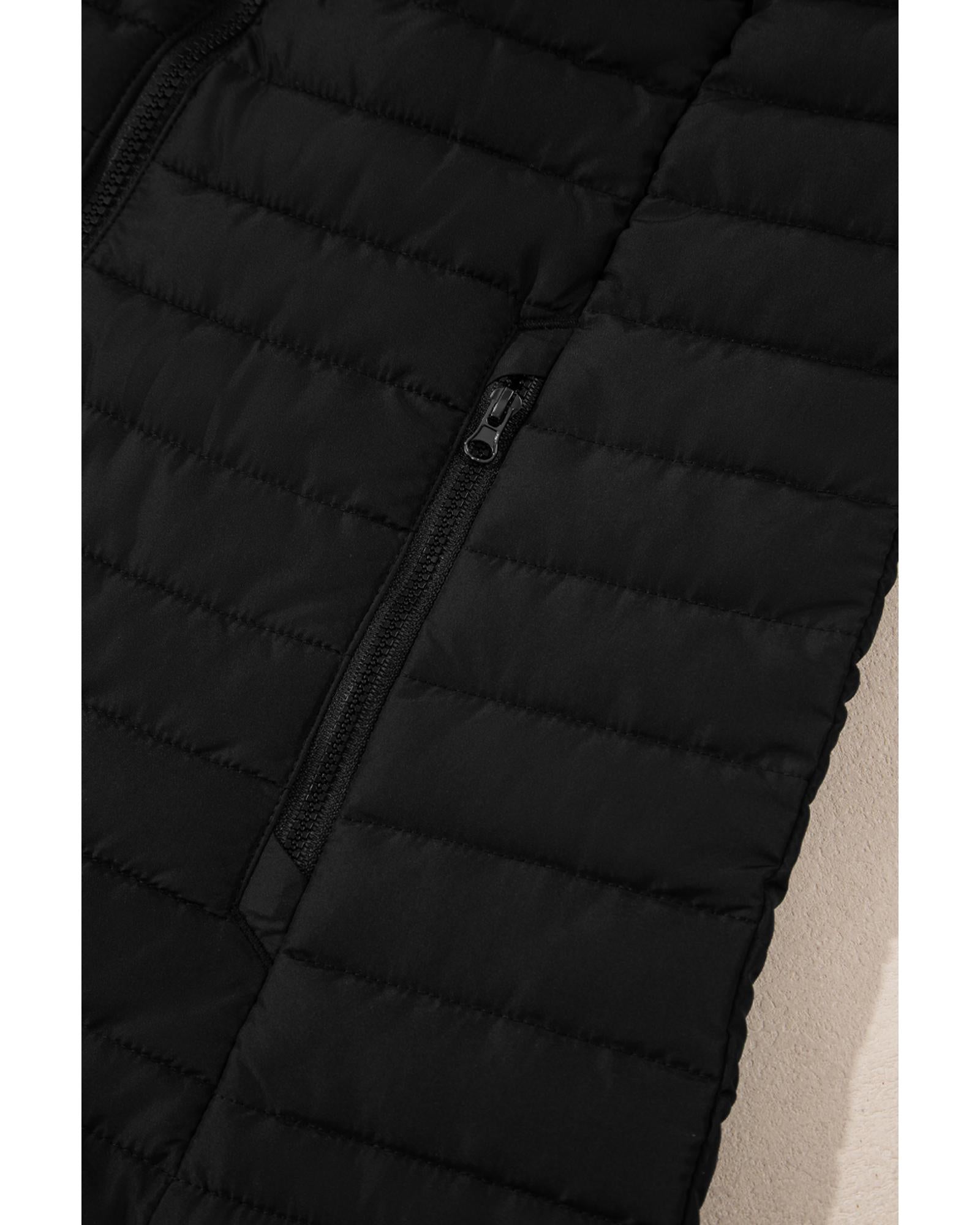 Black Plush Collared Quilted Zipped Puffer Vest - XL