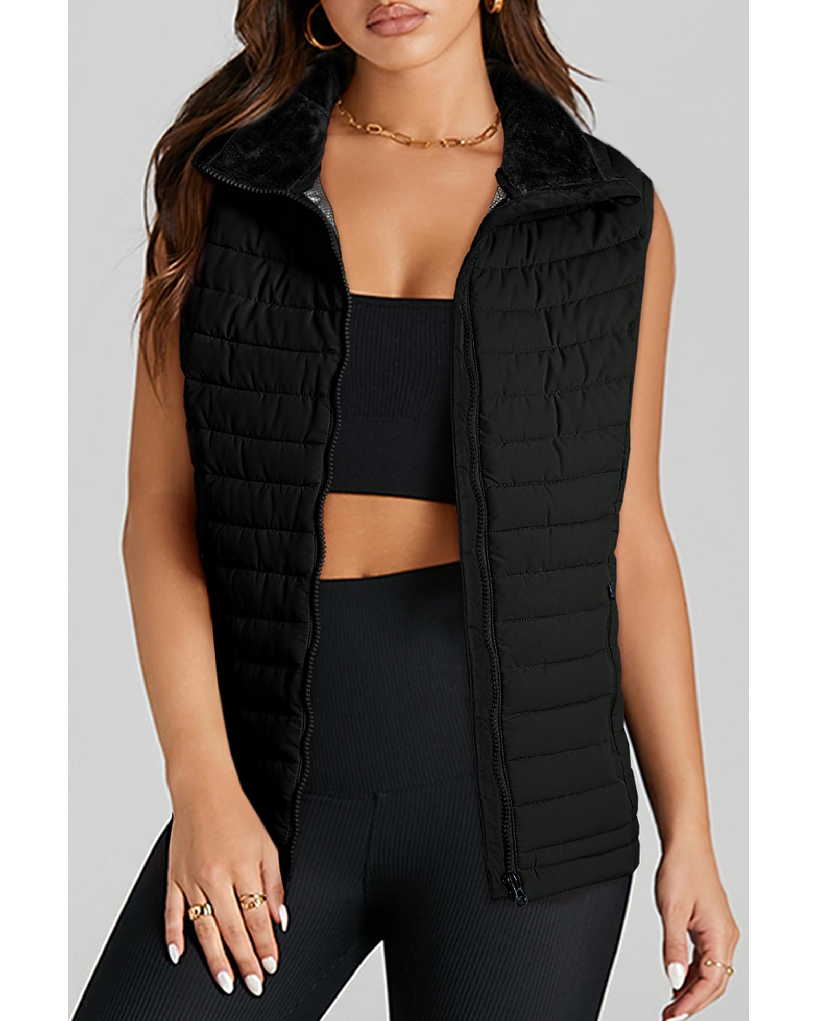 Black Plush Collared Quilted Zipped Puffer Vest - XL