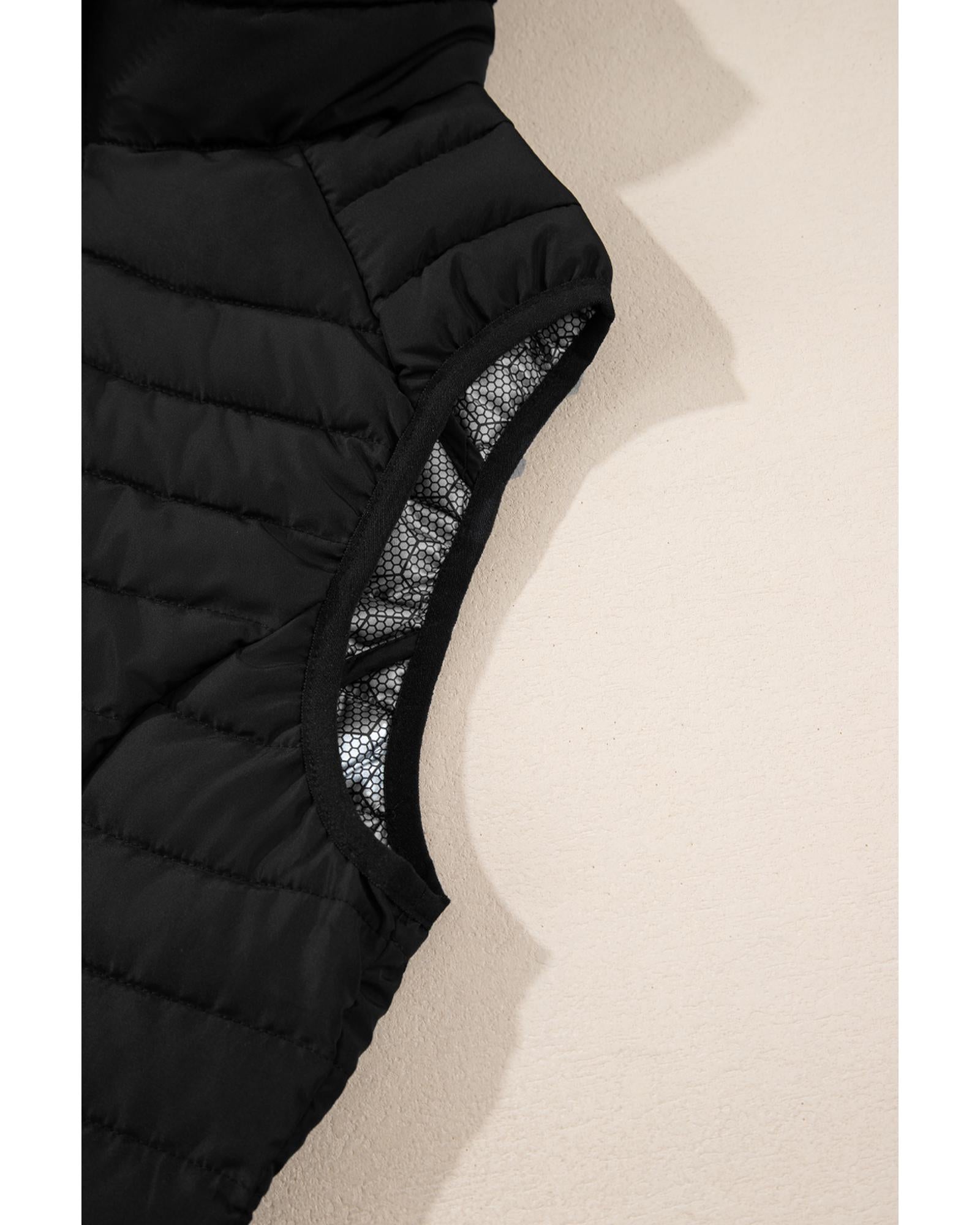 Black Plush Collared Quilted Zipped Puffer Vest - XL