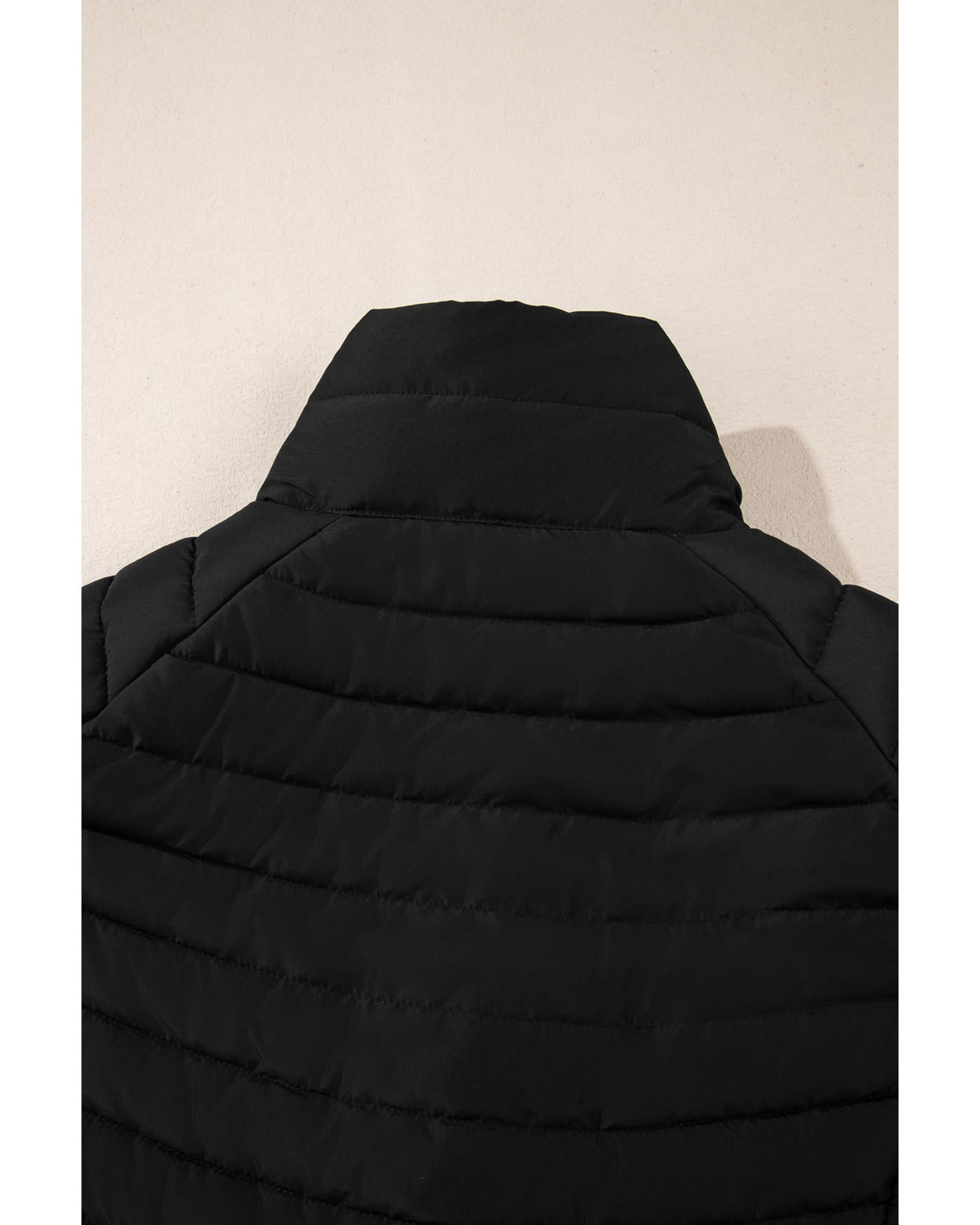Black Plush Collared Quilted Zipped Puffer Vest - XL