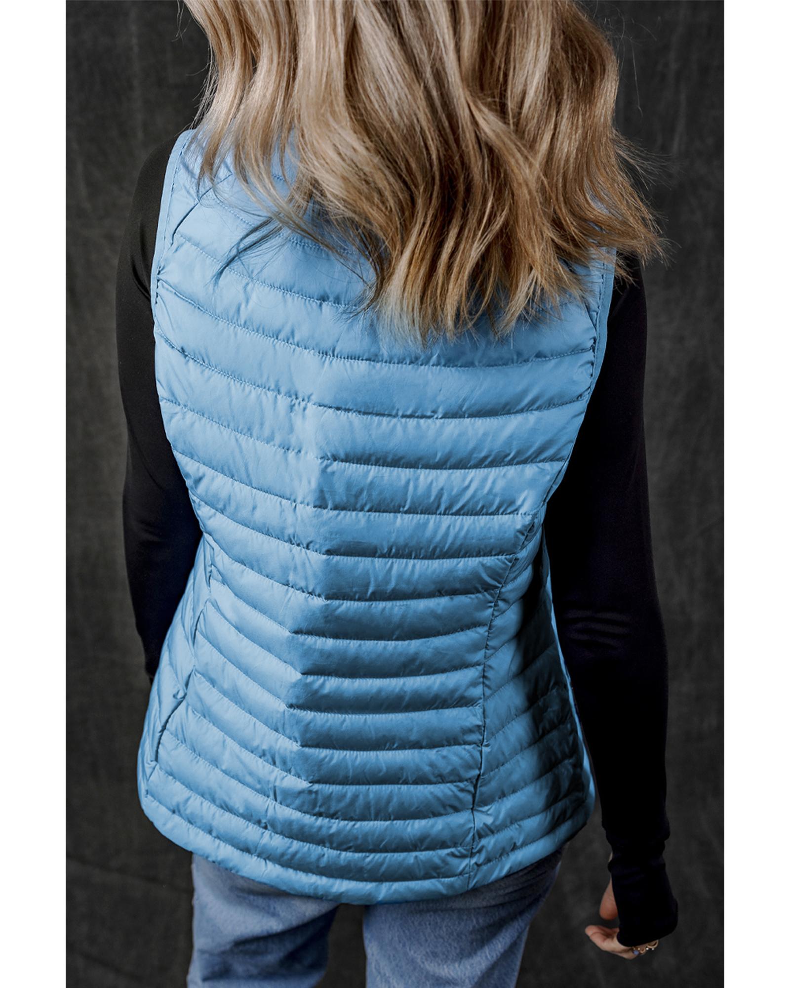 Sky Blue Plush Collared Quilted Zipped Puffer Vest - L