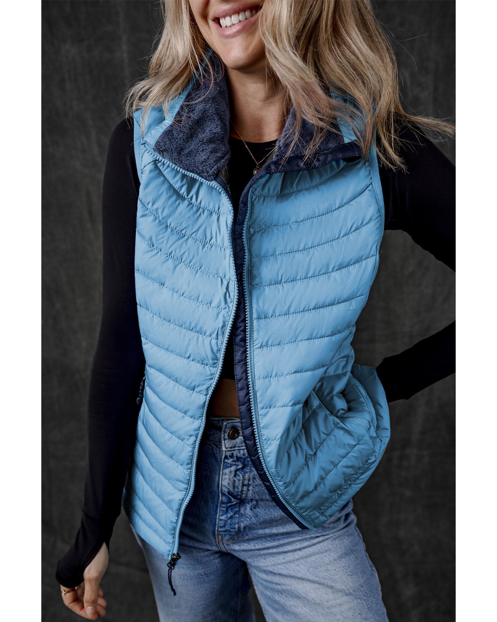 Sky Blue Plush Collared Quilted Zipped Puffer Vest - M