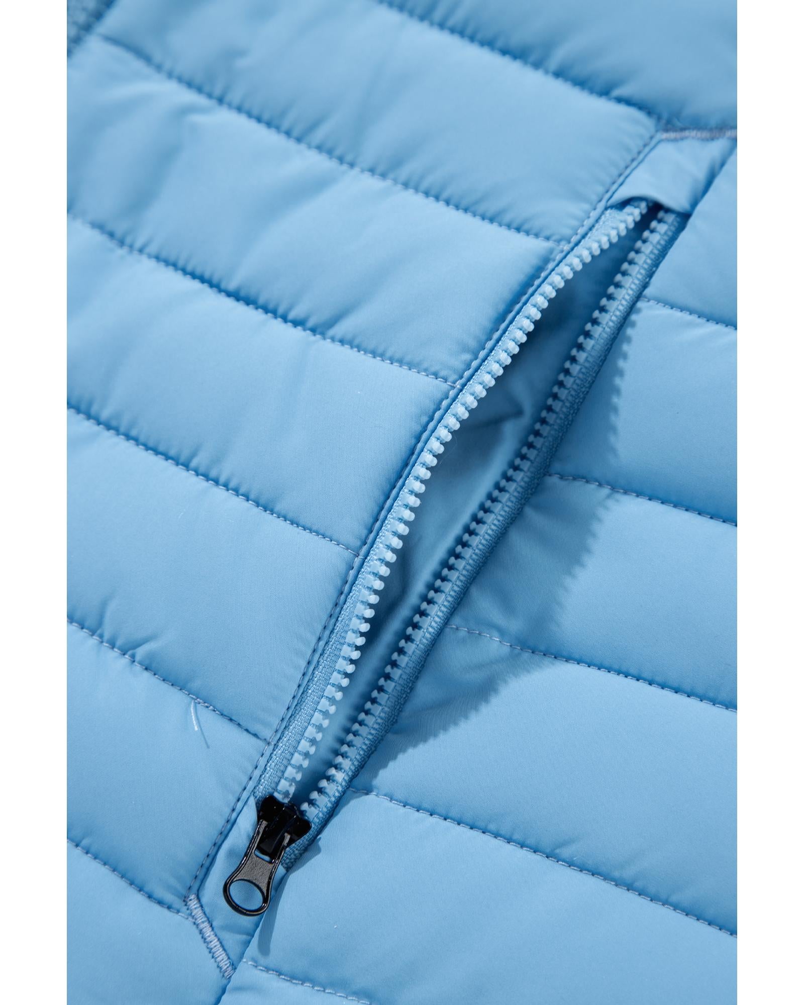 Sky Blue Plush Collared Quilted Zipped Puffer Vest - S