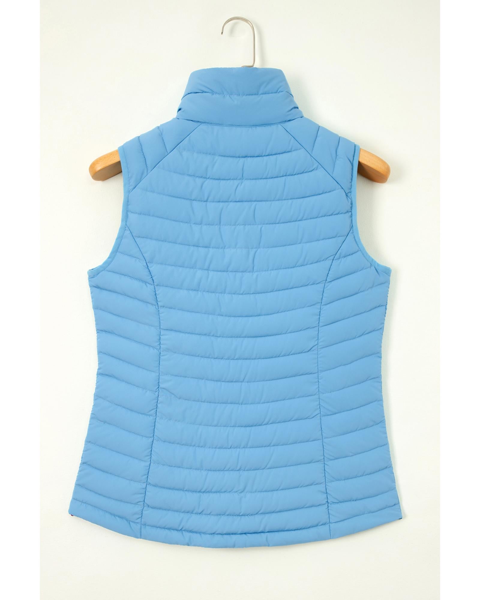 Sky Blue Plush Collared Quilted Zipped Puffer Vest - XL