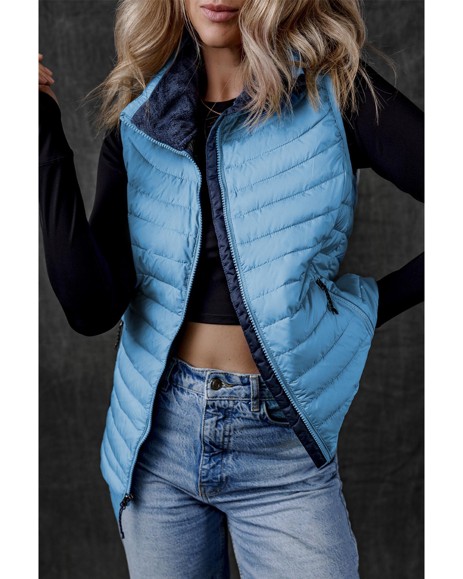 Sky Blue Plush Collared Quilted Zipped Puffer Vest - XL