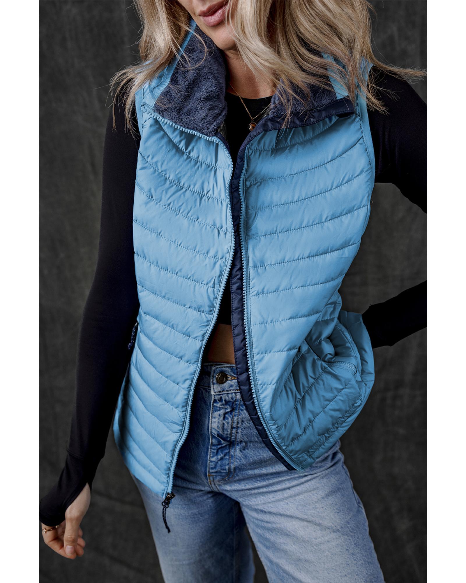 Sky Blue Plush Collared Quilted Zipped Puffer Vest - XL