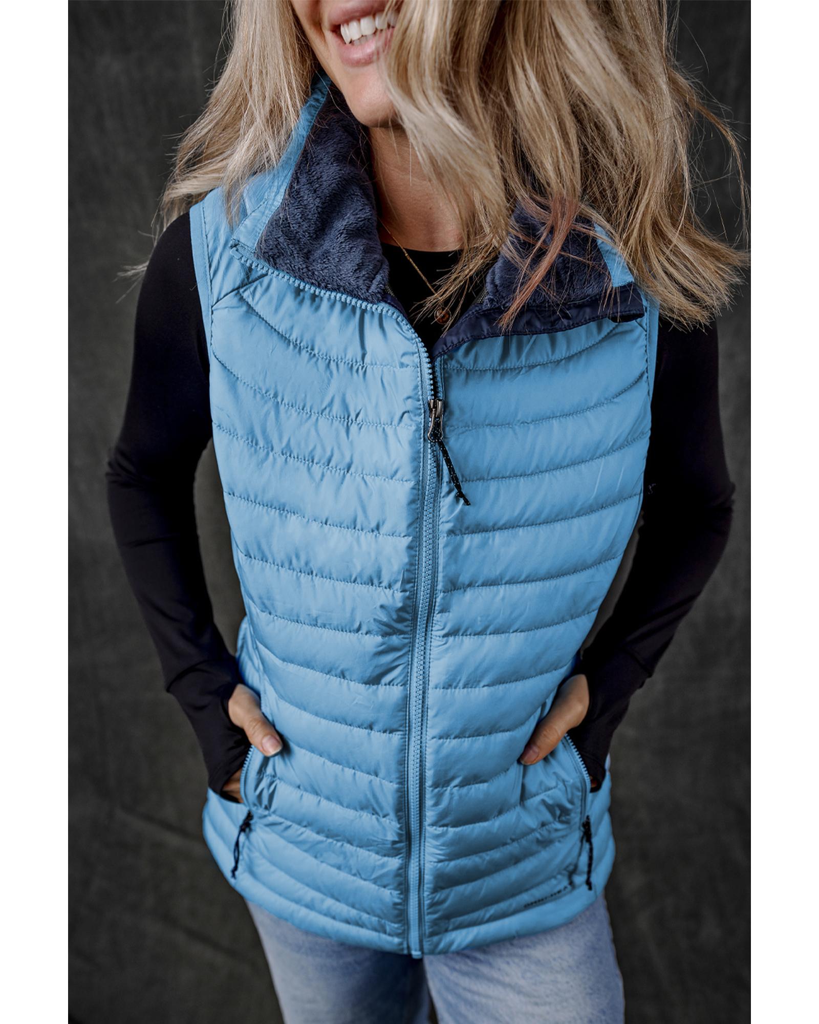 Sky Blue Plush Collared Quilted Zipped Puffer Vest - XL