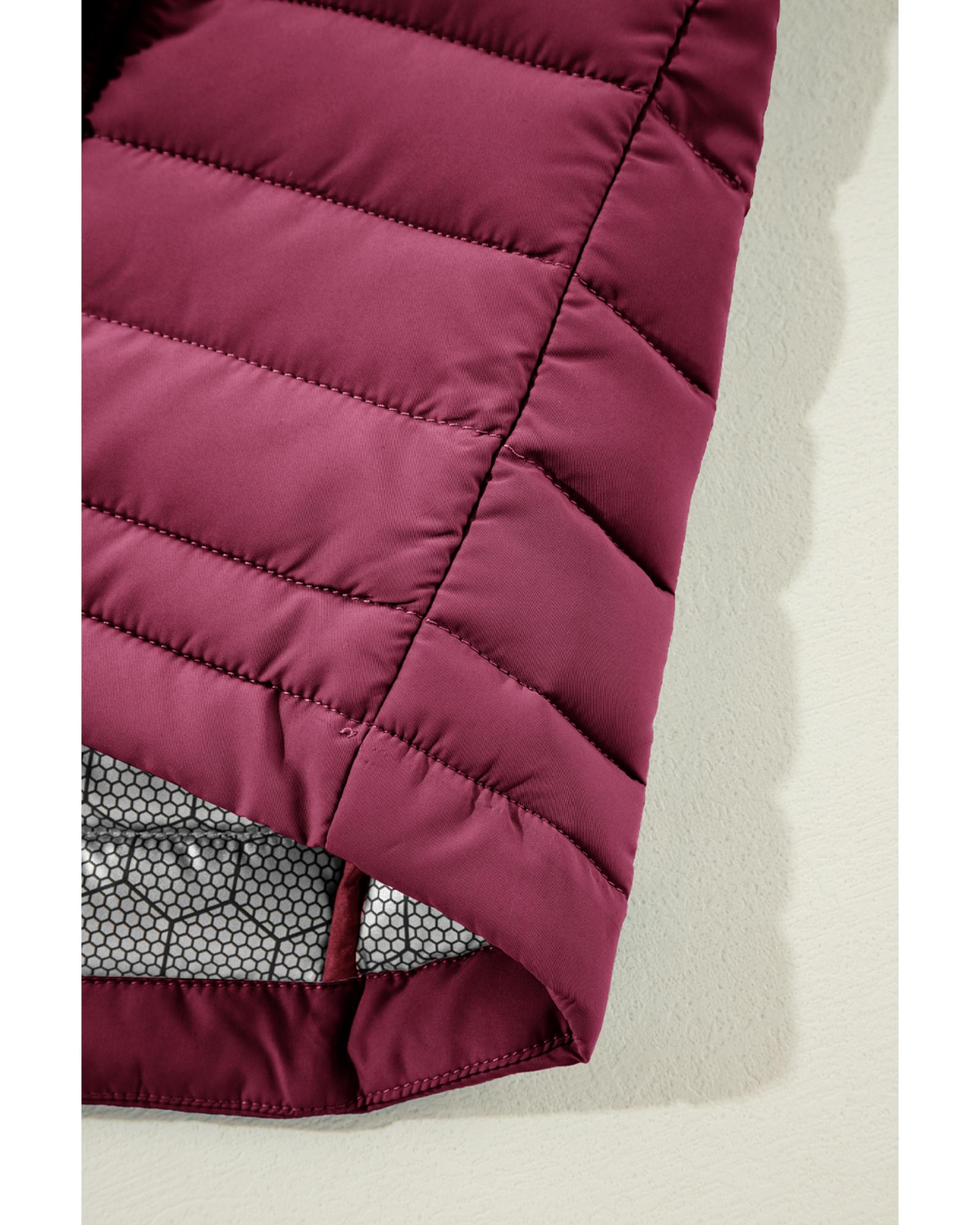 Burgundy Plush Collared Quilted Zipped Puffer Vest - 2XL