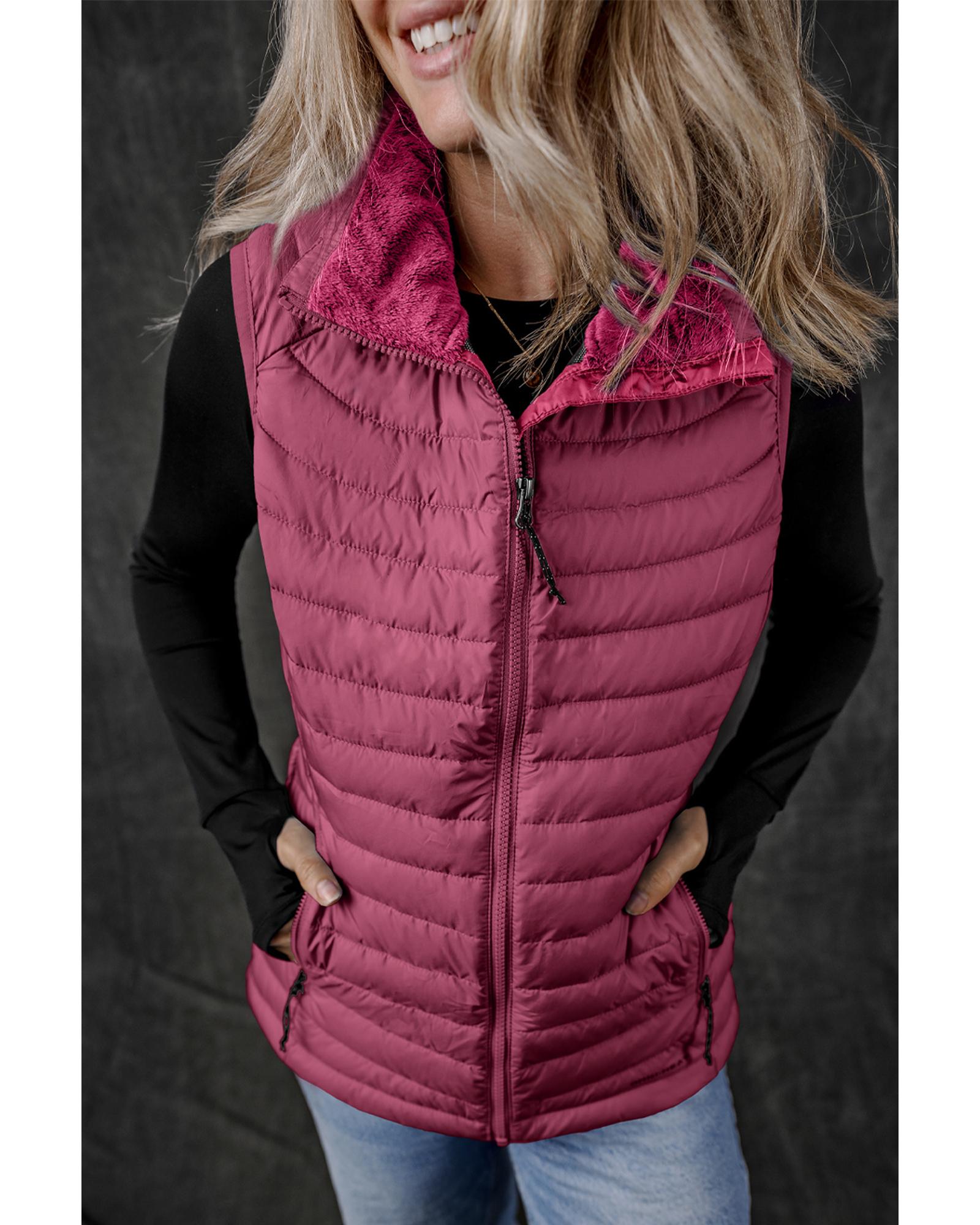Burgundy Plush Collared Quilted Zipped Puffer Vest - L
