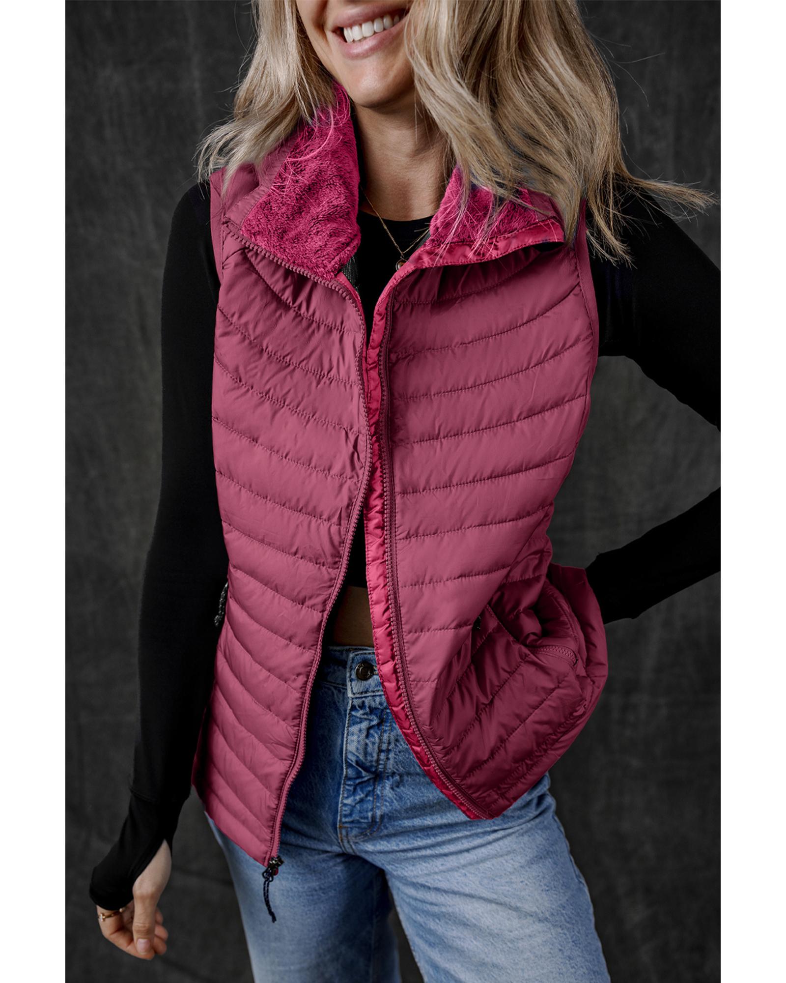 Burgundy Plush Collared Quilted Zipped Puffer Vest - L