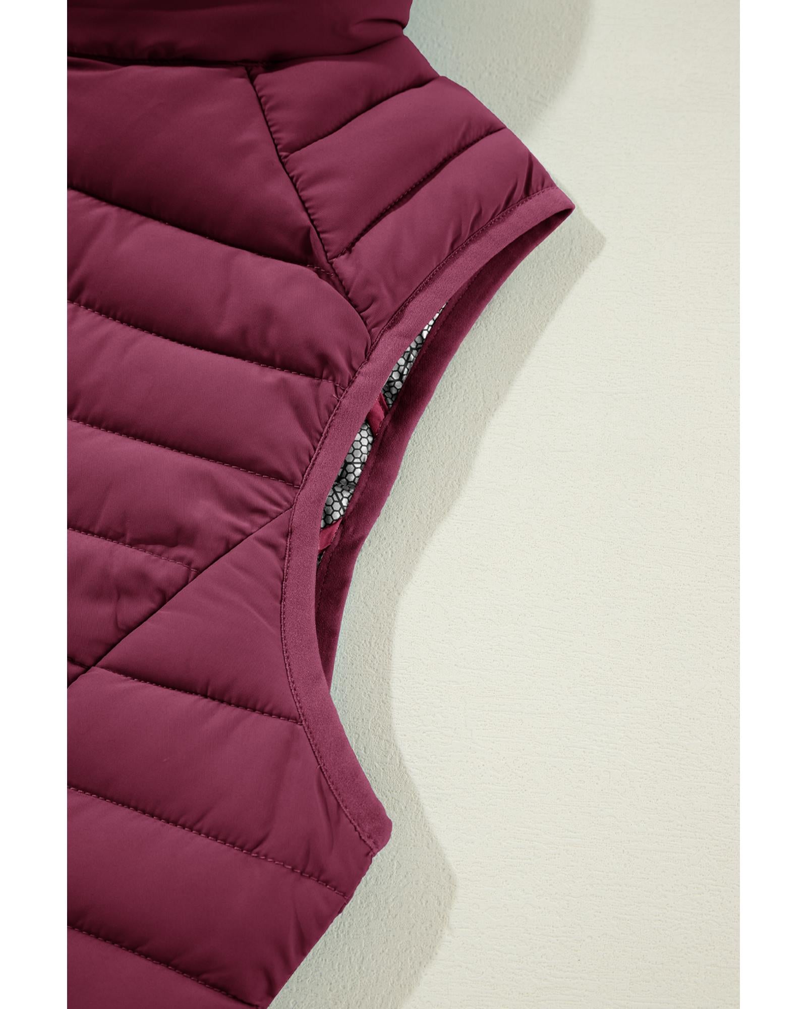 Burgundy Plush Collared Quilted Zipped Puffer Vest - M